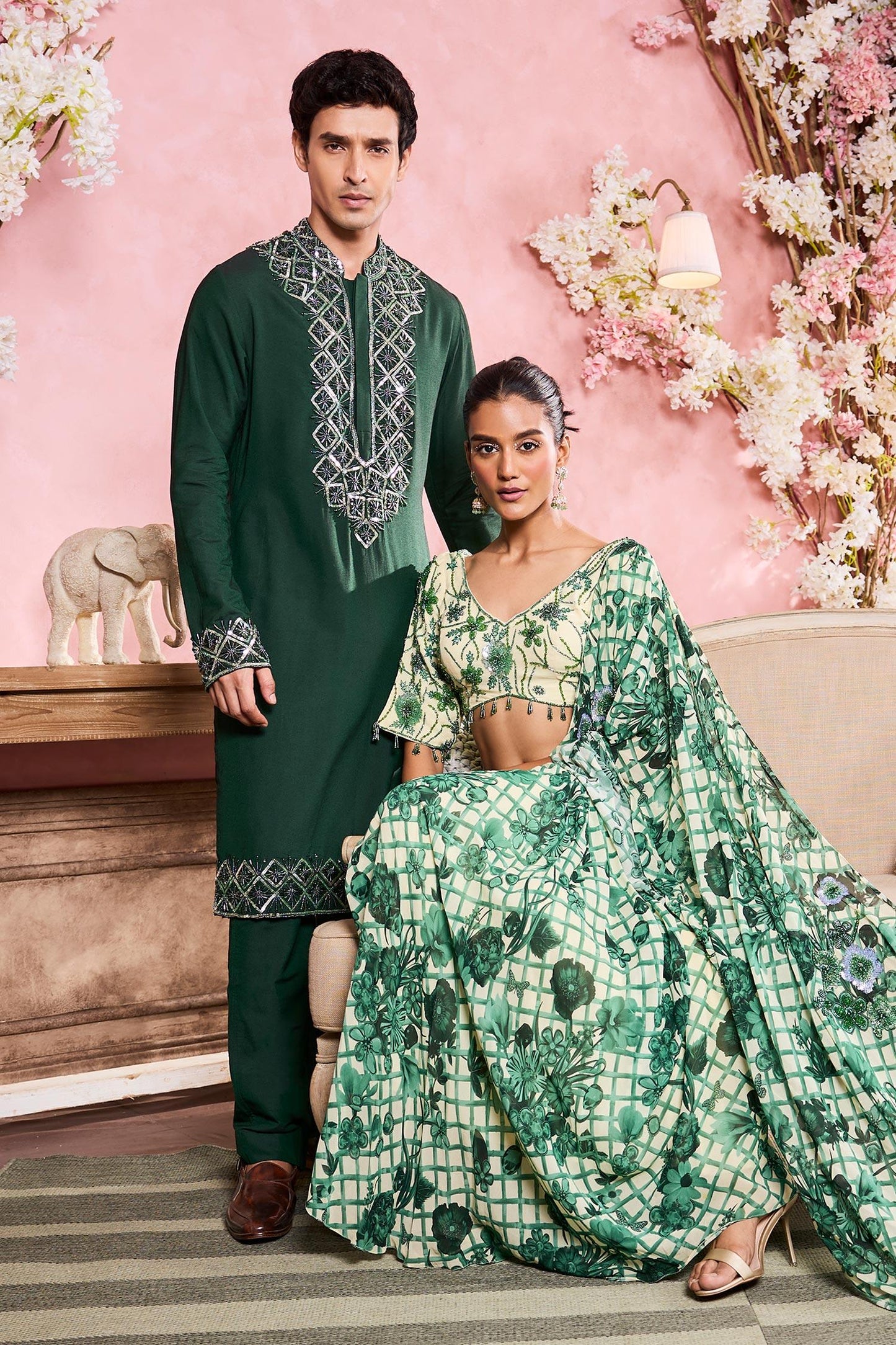 Kurta With Pant Green Cotton Silk Embroidered Crystals Geometric