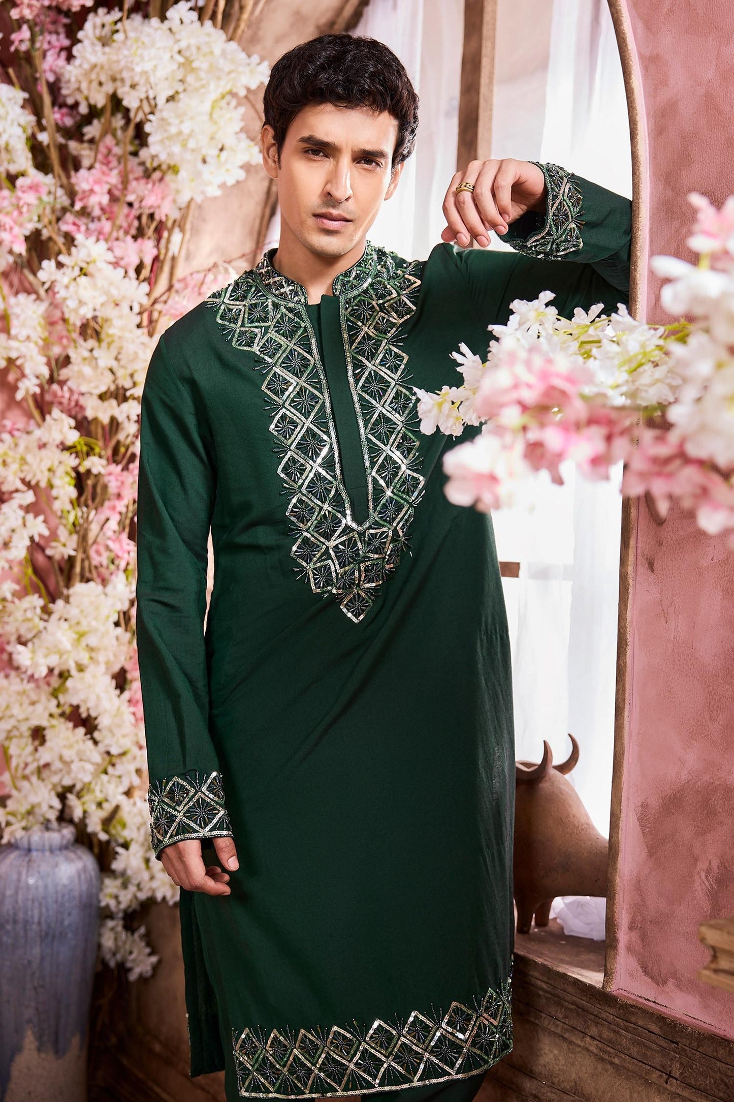 Kurta With Pant Green Cotton Silk Embroidered Crystals Geometric