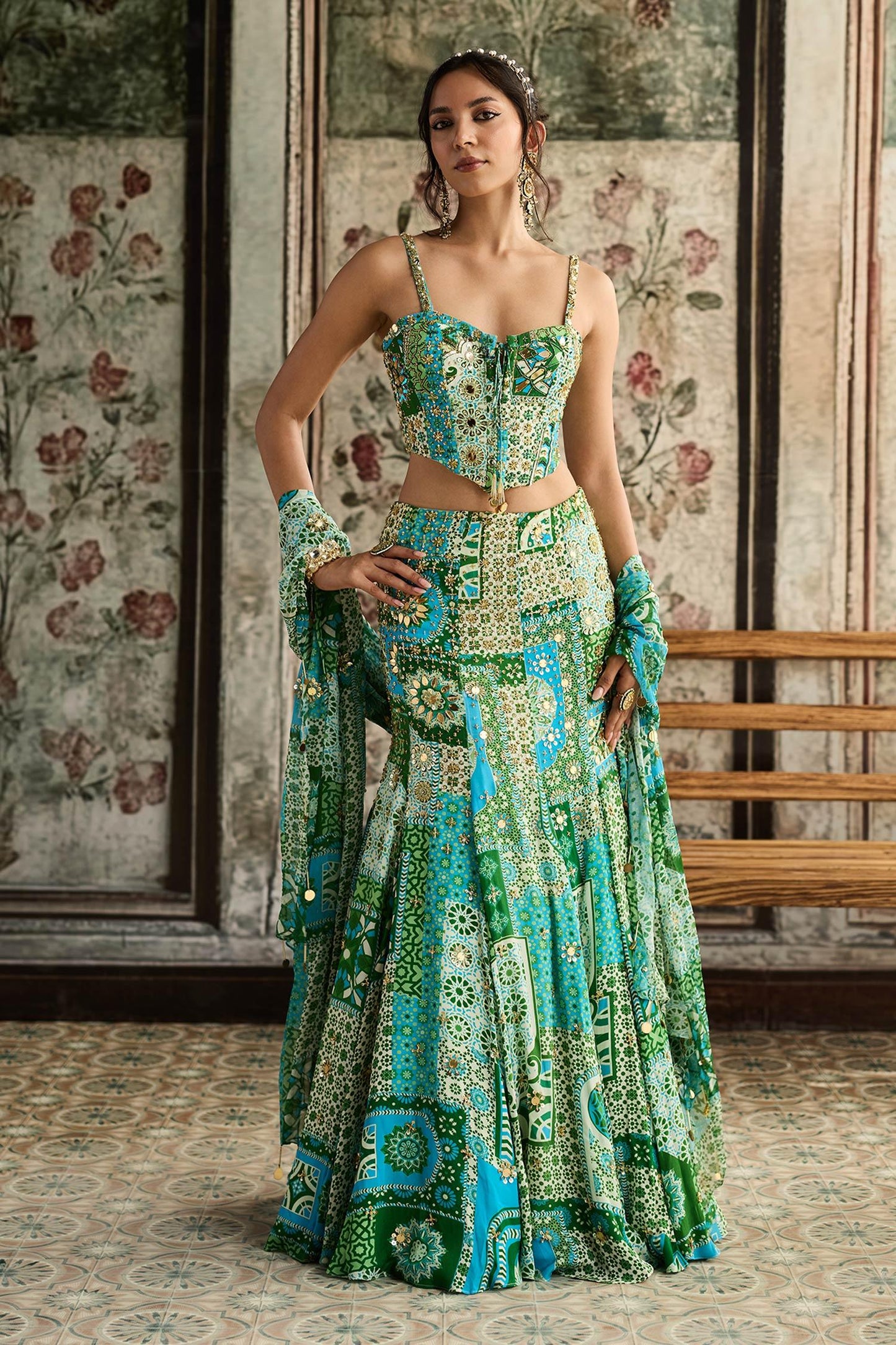 Green Crepe, Georgette Sequins, Aqua Blue And Designer Corset Skirt Set - Designer Kurta Set