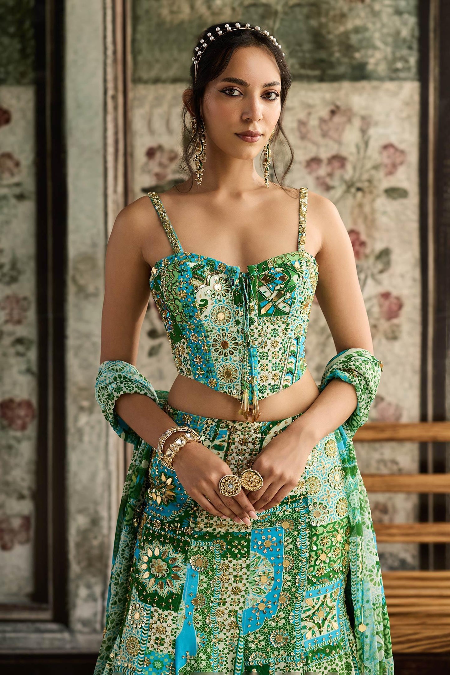 Green Crepe, Georgette Sequins, Aqua Blue And Designer Corset Skirt Set - Designer Kurta Set