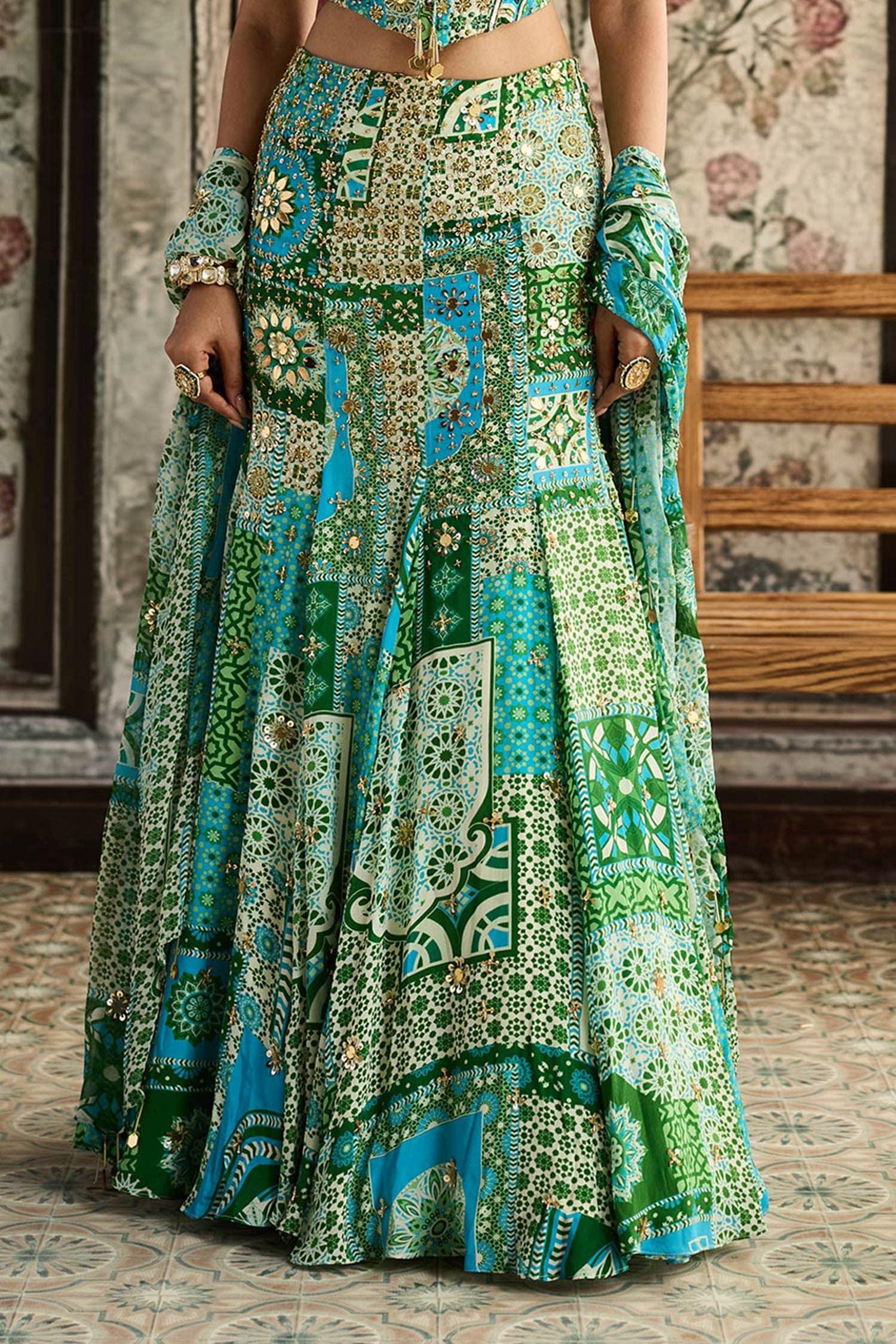 Green Crepe, Georgette Sequins, Aqua Blue And Designer Corset Skirt Set - Designer Kurta Set