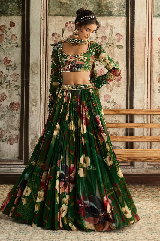 Green Crepe, Georgette Sequins, Embroidery Square Neck Floral Print Lehenga Set - Designer Kurta Set