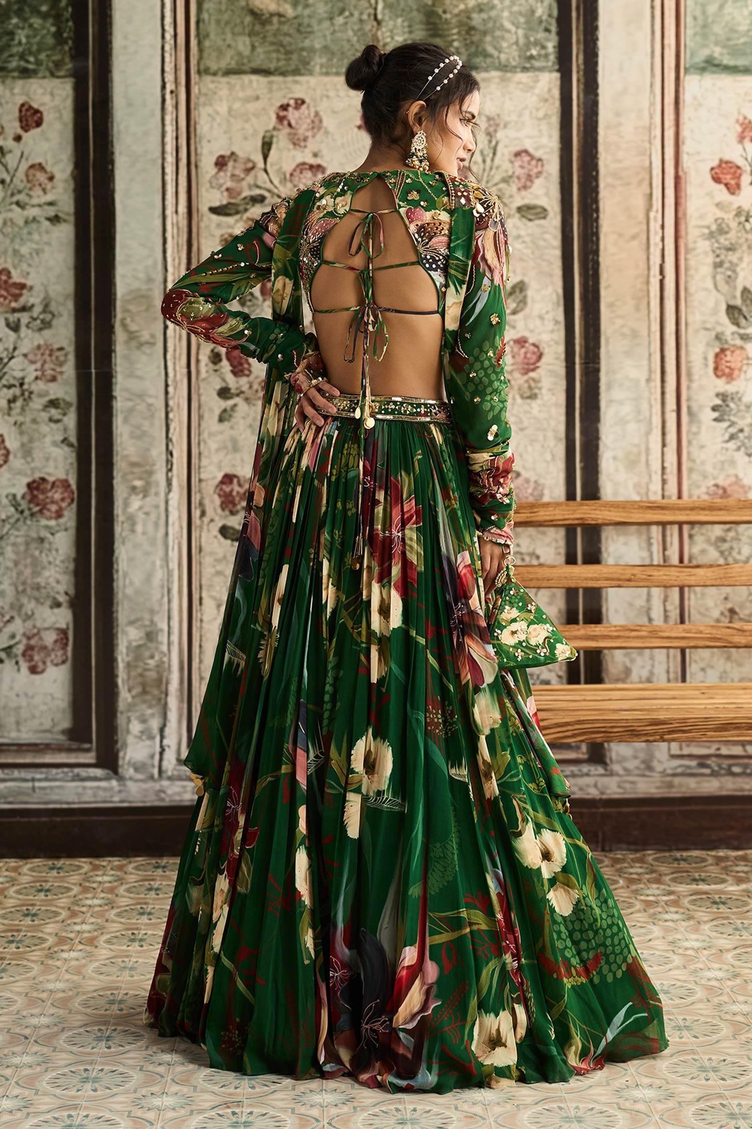 Green Crepe, Georgette Sequins, Embroidery Square Neck Floral Print Lehenga Set - Designer Kurta Set