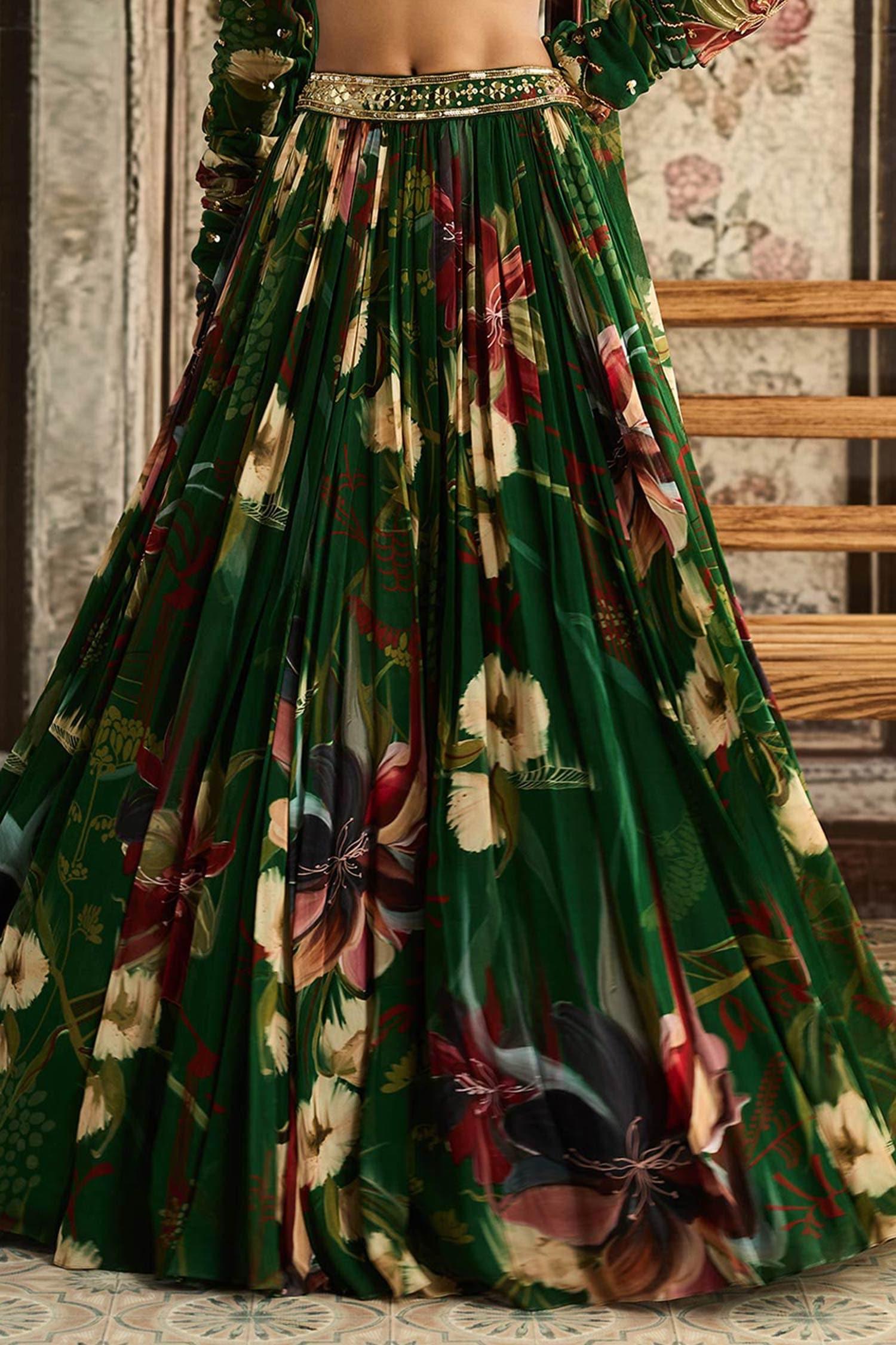 Green Crepe, Georgette Sequins, Embroidery Square Neck Floral Print Lehenga Set - Designer Kurta Set