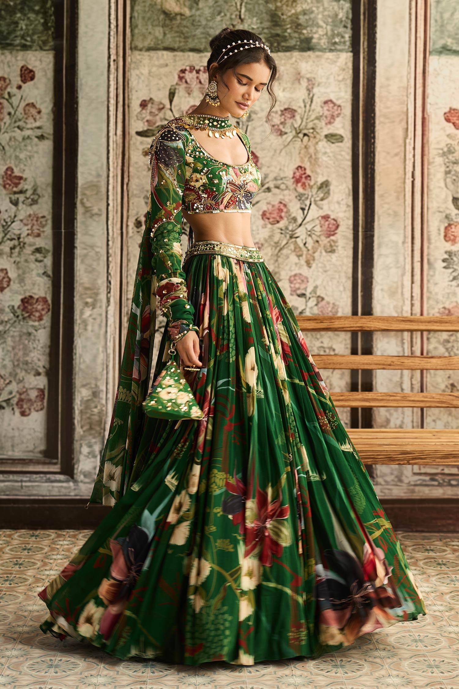 Green Crepe, Georgette Sequins, Embroidery Square Neck Floral Print Lehenga Set - Designer Kurta Set