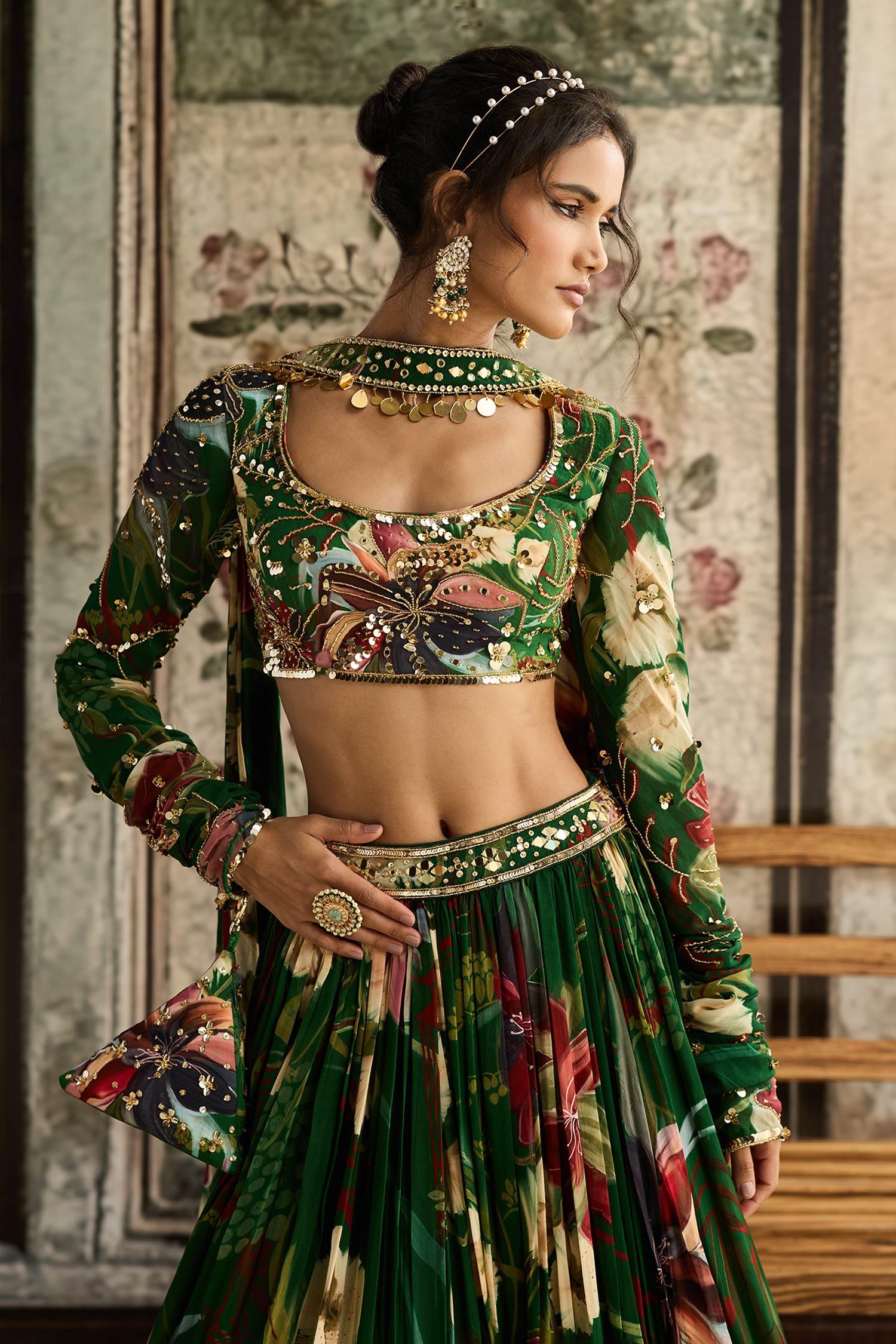 Green Crepe, Georgette Sequins, Embroidery Square Neck Floral Print Lehenga Set - Designer Kurta Set