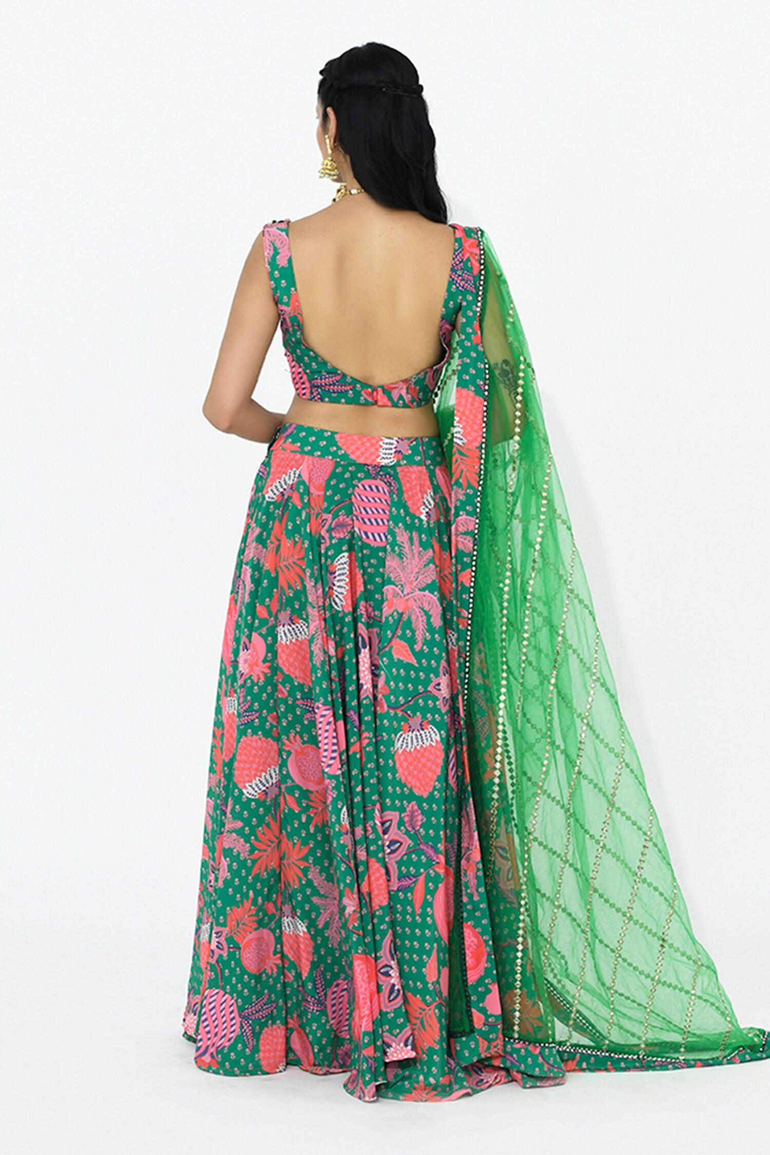 Green Crepe, Net Mirrors, Tassels Scoop Neck Jade Floral Print Lehenga Set - Designer Kurta Set