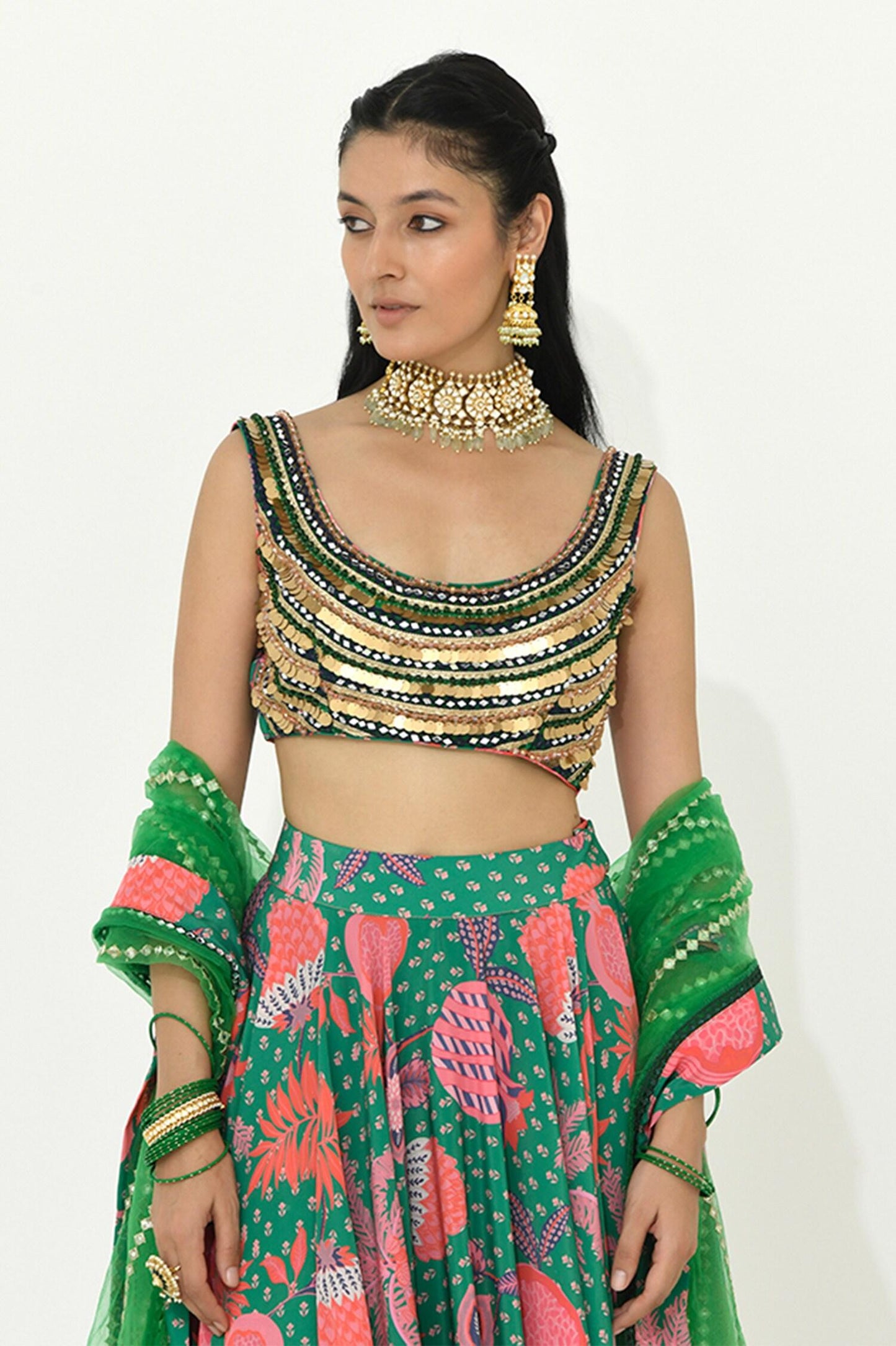 Green Crepe, Net Mirrors, Tassels Scoop Neck Jade Floral Print Lehenga Set - Designer Kurta Set