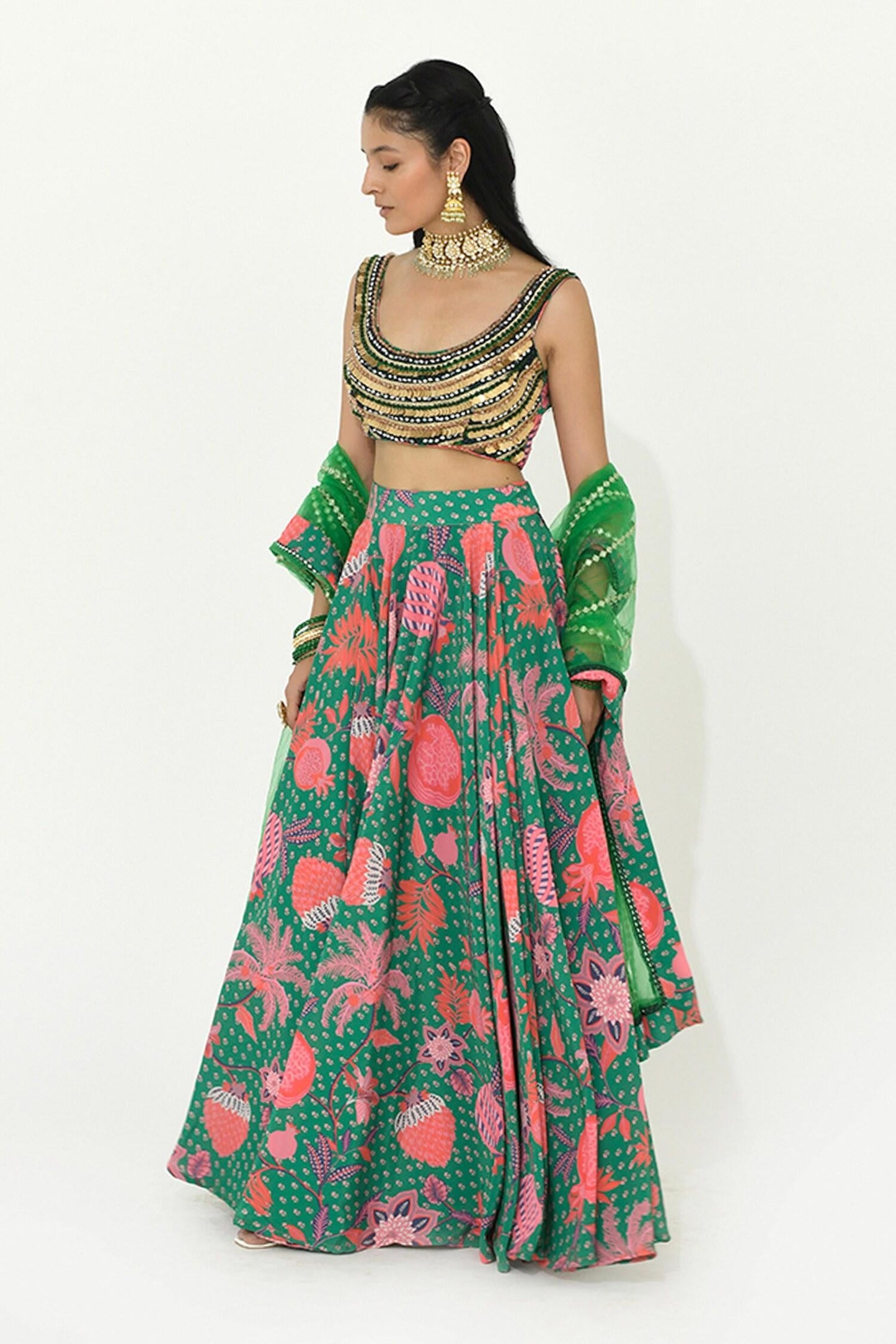 Green Crepe, Net Mirrors, Tassels Scoop Neck Jade Floral Print Lehenga Set - Designer Kurta Set