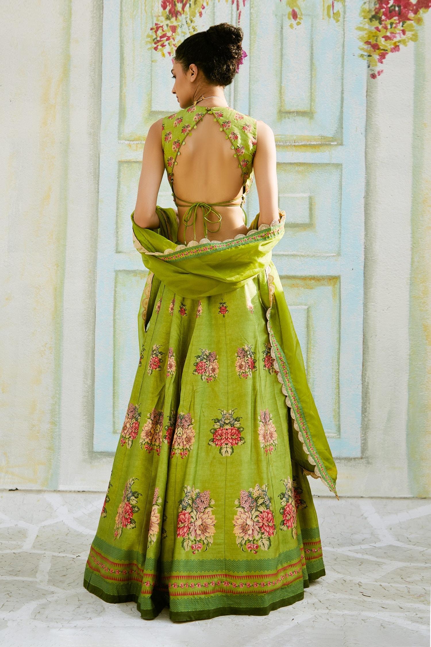 Green Dupatta Organza, Lehenga And Blouse Tussar Floral V Neck Print Set - Designer Kurta Set