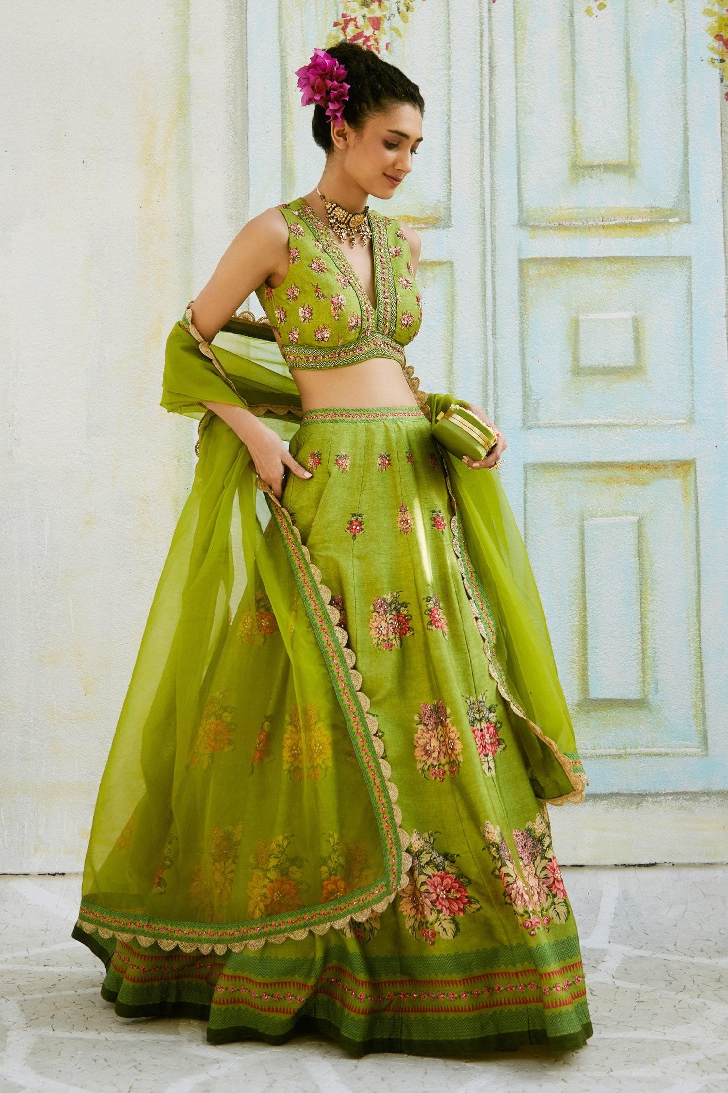 Green Dupatta Organza, Lehenga And Blouse Tussar Floral V Neck Print Set - Designer Kurta Set