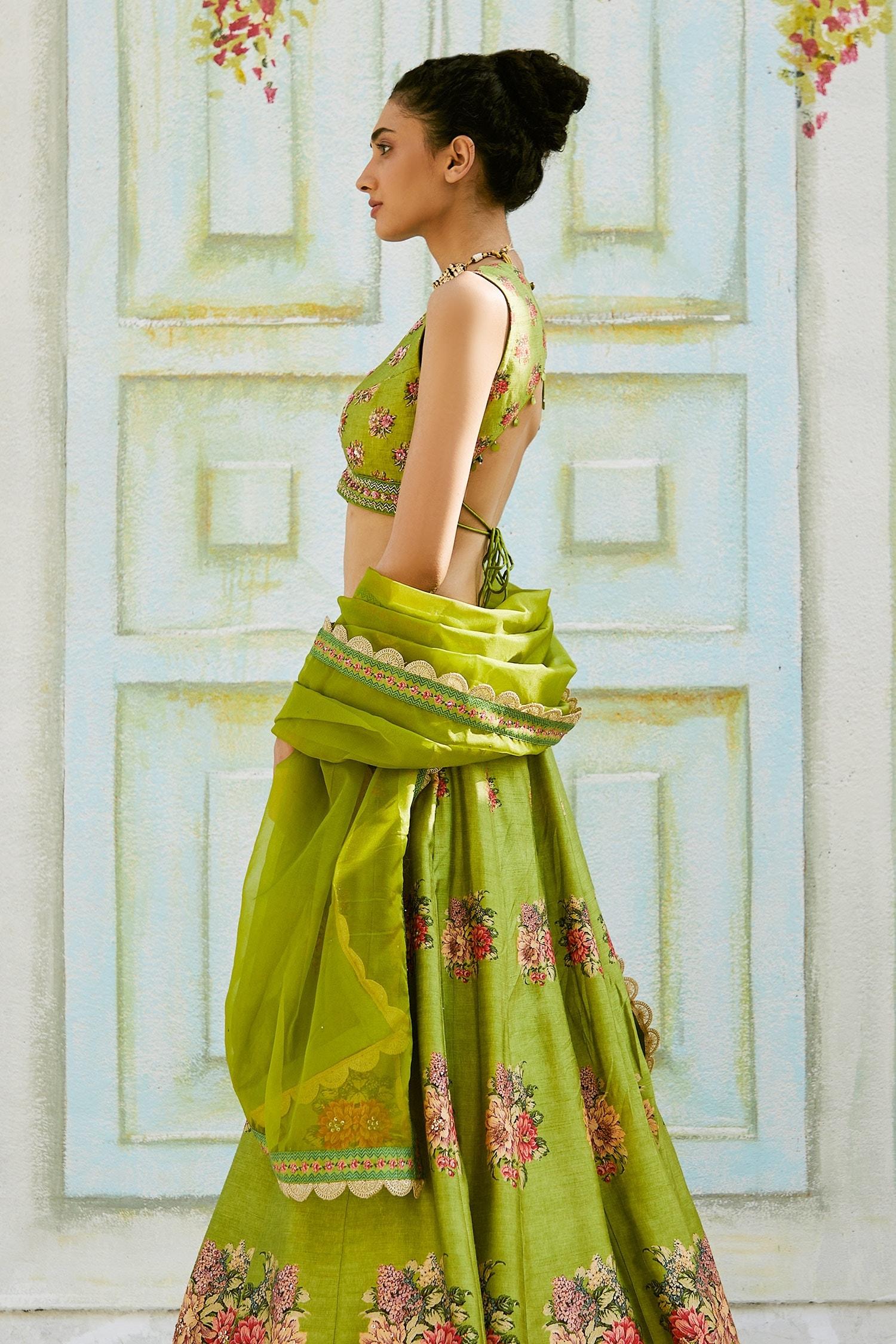 Green Dupatta Organza, Lehenga And Blouse Tussar Floral V Neck Print Set - Designer Kurta Set