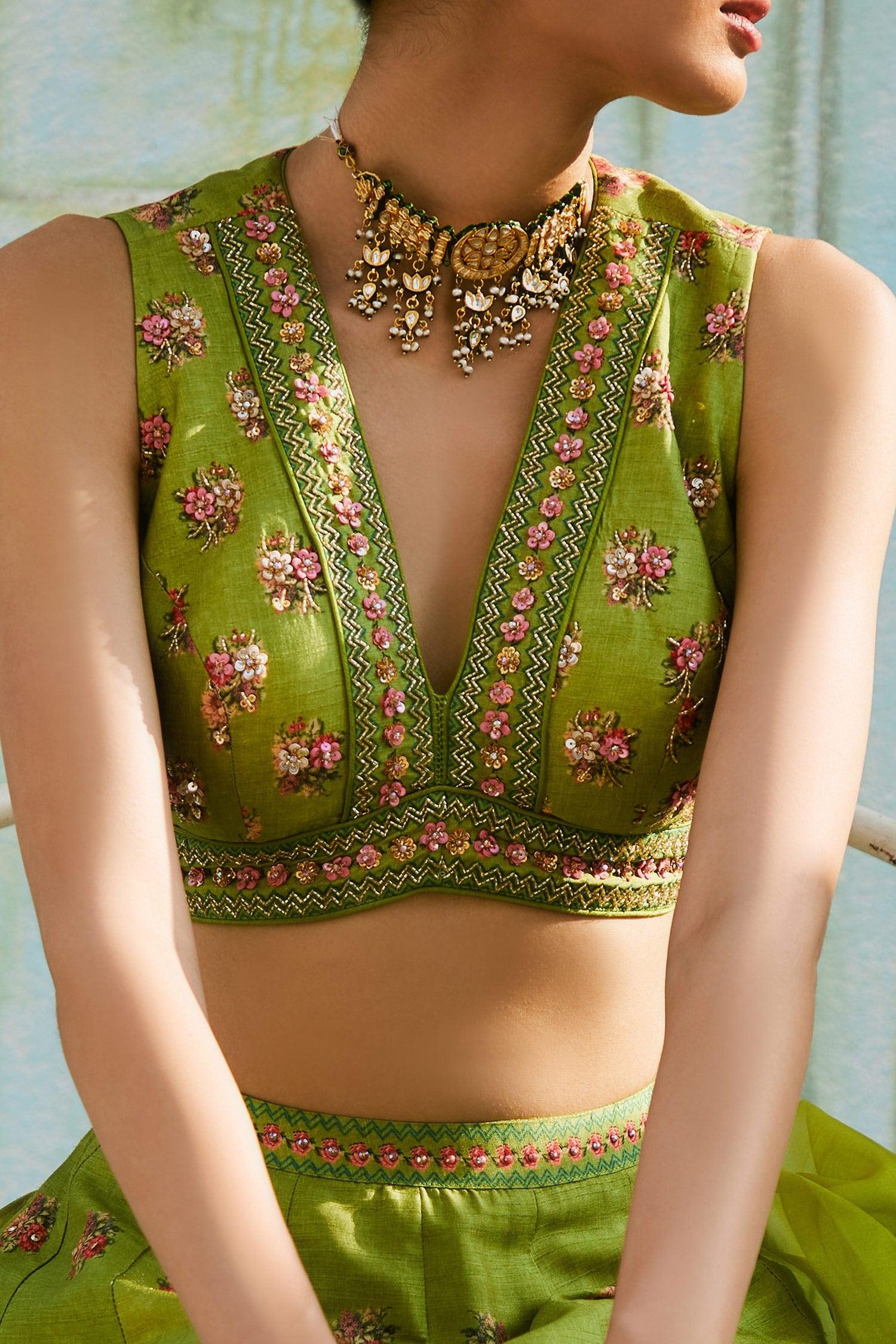Green Dupatta Organza, Lehenga And Blouse Tussar Floral V Neck Print Set - Designer Kurta Set