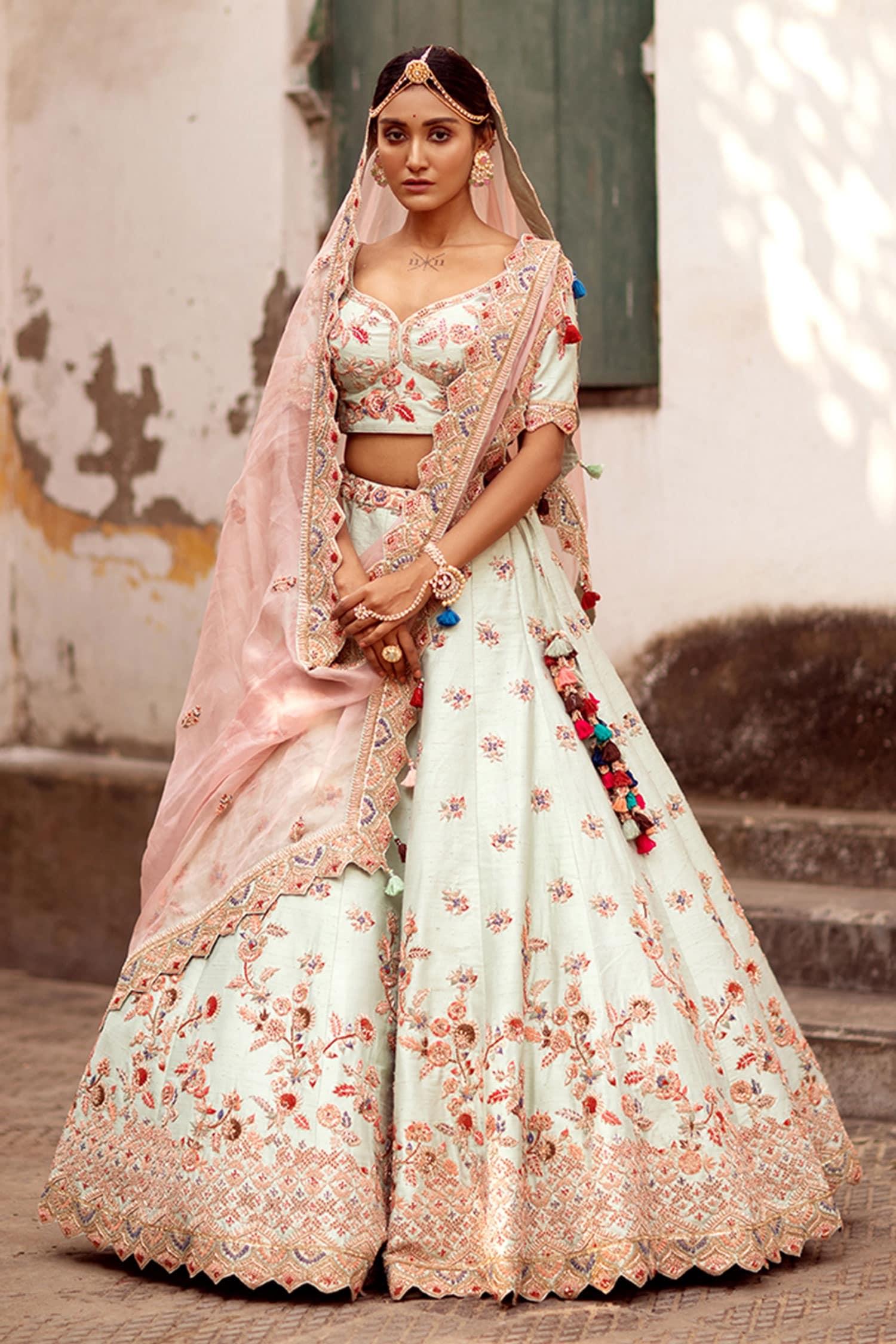 Green Dupatta Tissue, Lehenga And Blouse Raw Jamuna Embroidered Bridal Set - Designer Kurta Set