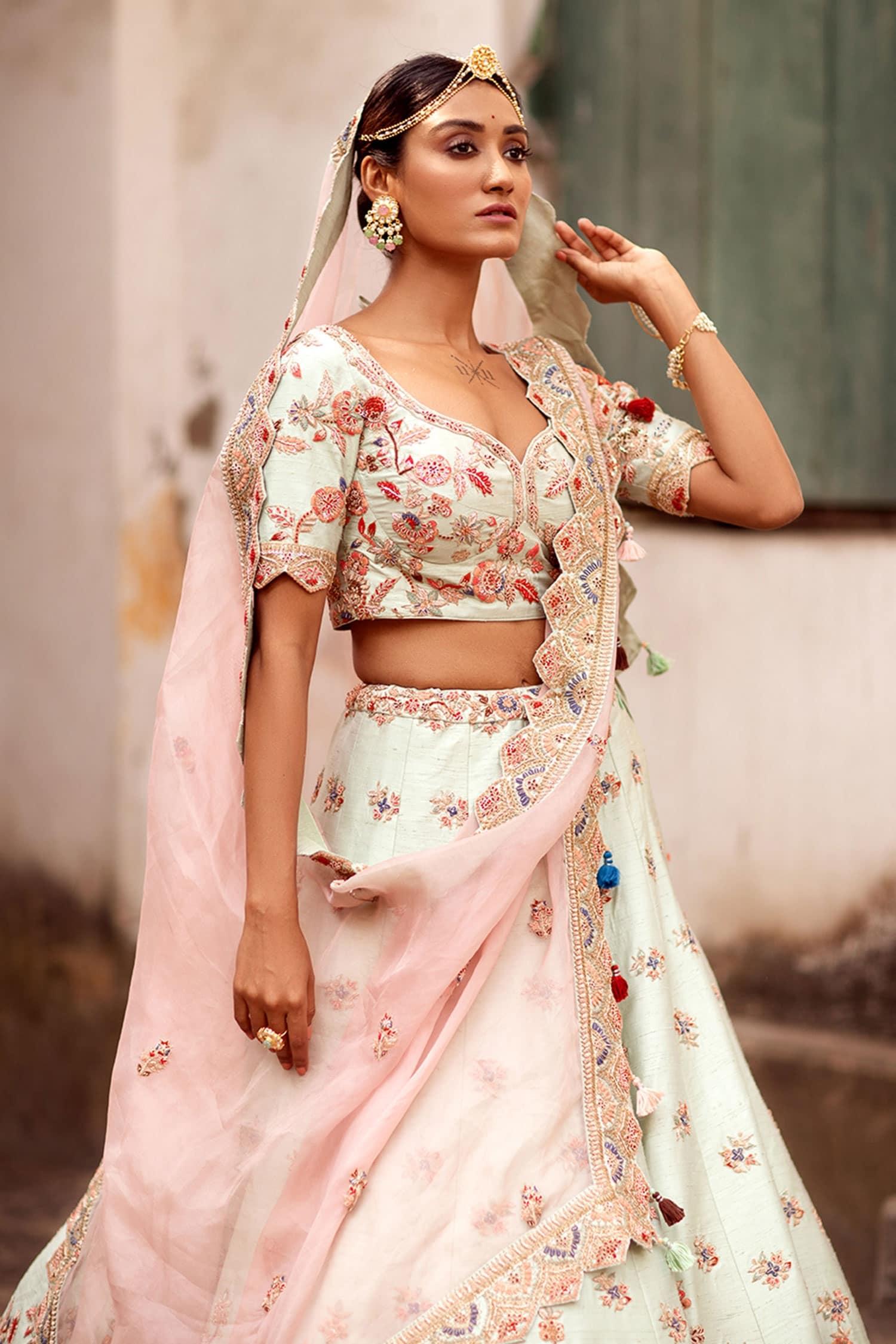 Green Dupatta Tissue, Lehenga And Blouse Raw Jamuna Embroidered Bridal Set - Designer Kurta Set