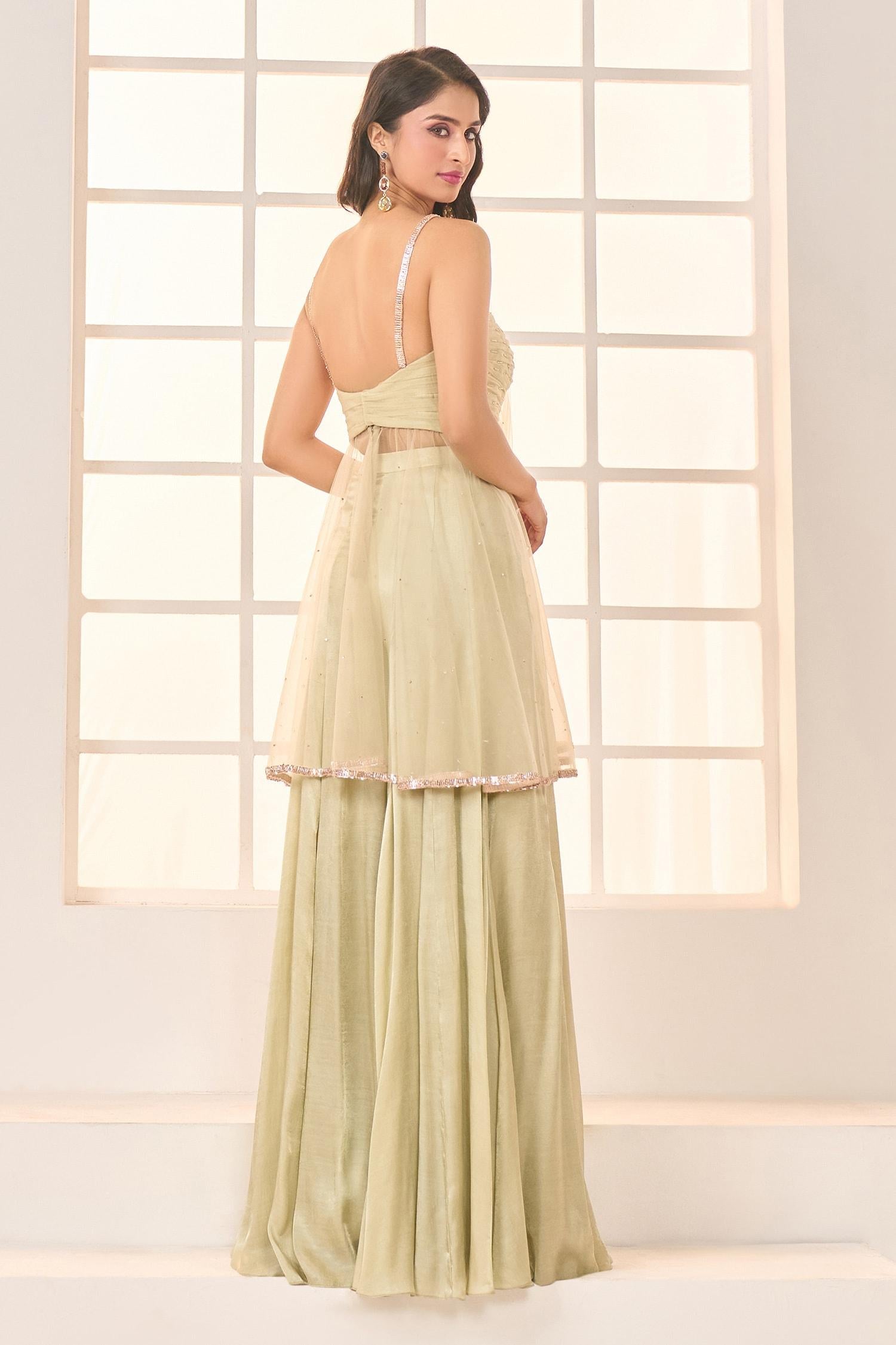 Green Gabardine Lace, Embroidery Sweetheart Neck Short Anarkali With Sharara - Designer Kurta Set