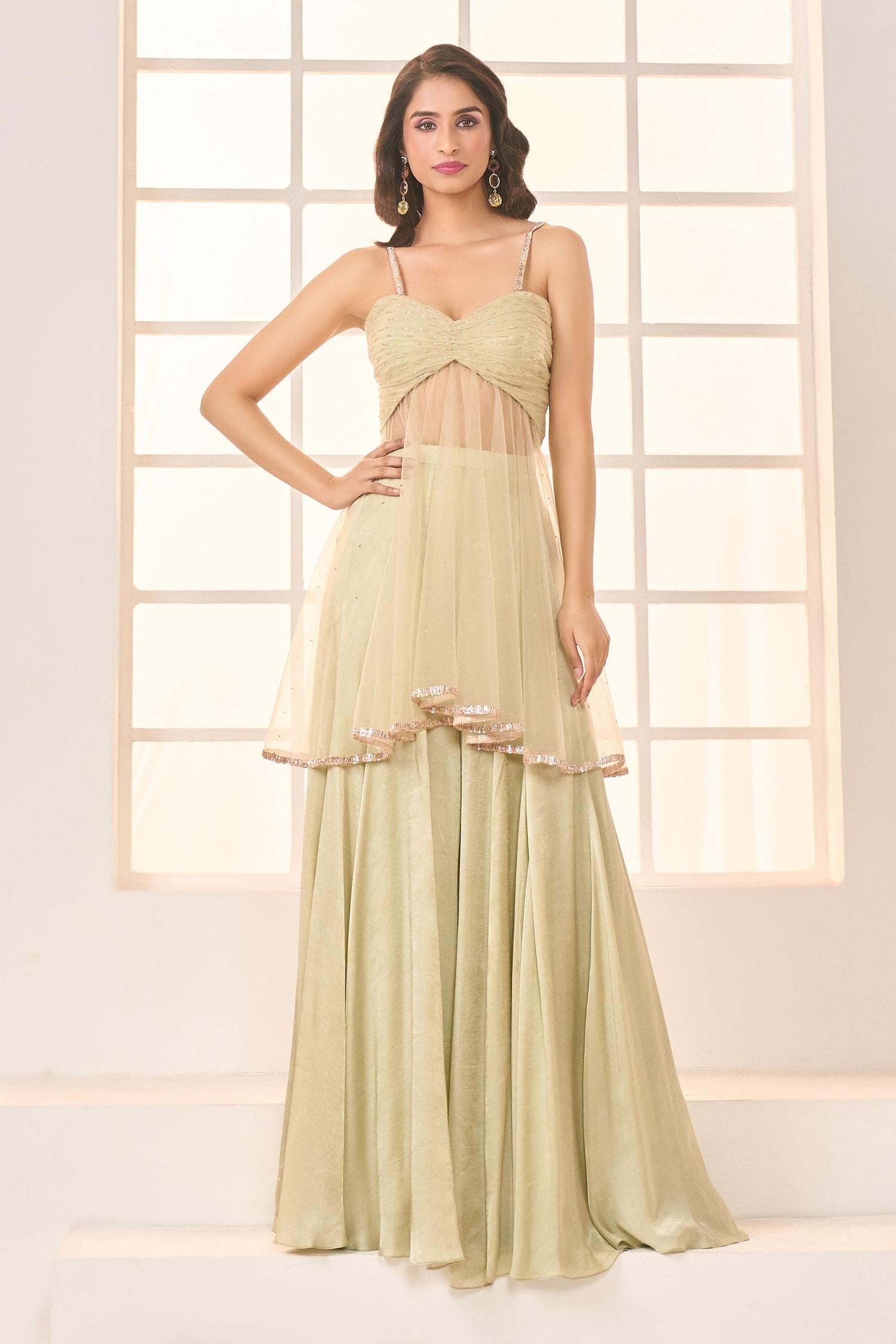 Green Gabardine Lace, Embroidery Sweetheart Neck Short Anarkali With Sharara - Designer Kurta Set