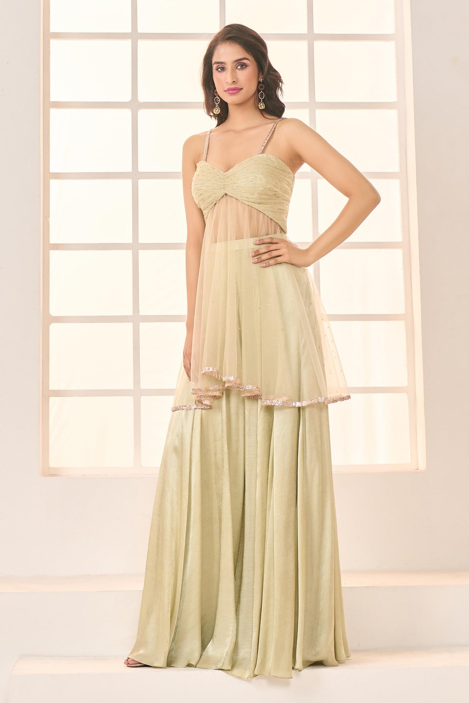 Green Gabardine Lace, Embroidery Sweetheart Neck Short Anarkali With Sharara - Designer Kurta Set