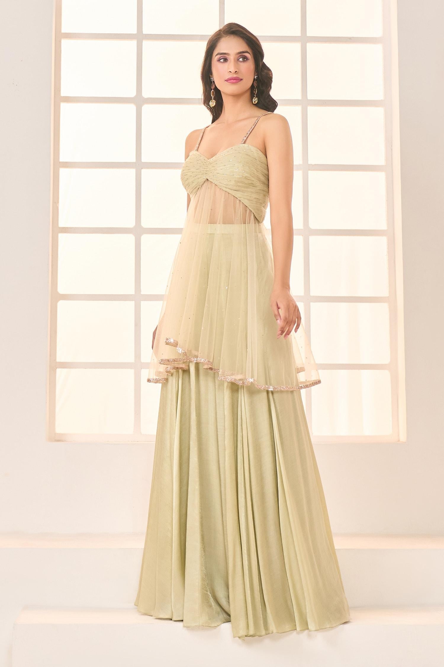 Green Gabardine Lace, Embroidery Sweetheart Neck Short Anarkali With Sharara - Designer Kurta Set