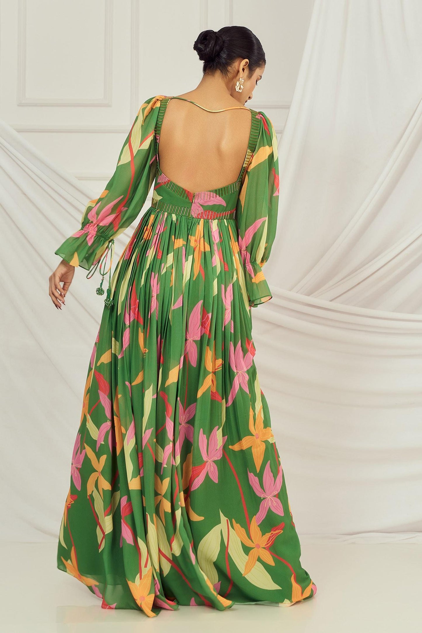Green Georgette, Crepe, Cotton Sequins, Cut Floral Print Cutdana Anarkali Set - Designer Kurta Set