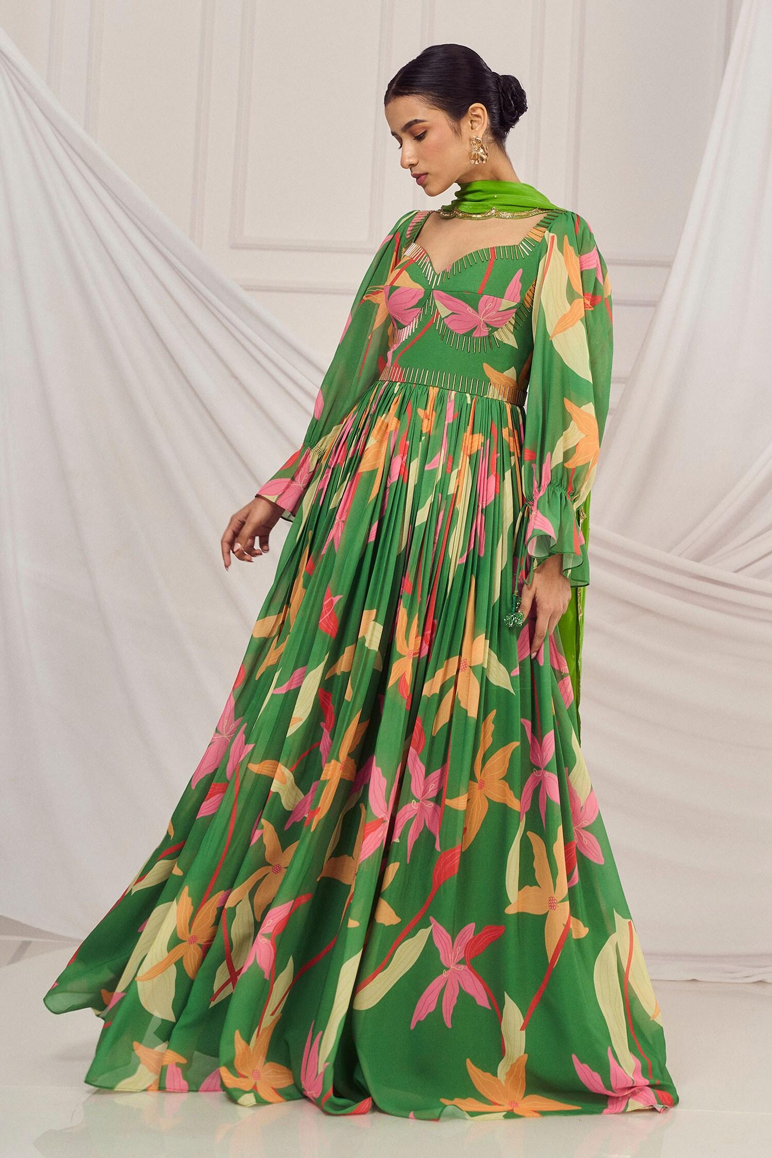 Green Georgette, Crepe, Cotton Sequins, Cut Floral Print Cutdana Anarkali Set - Designer Kurta Set