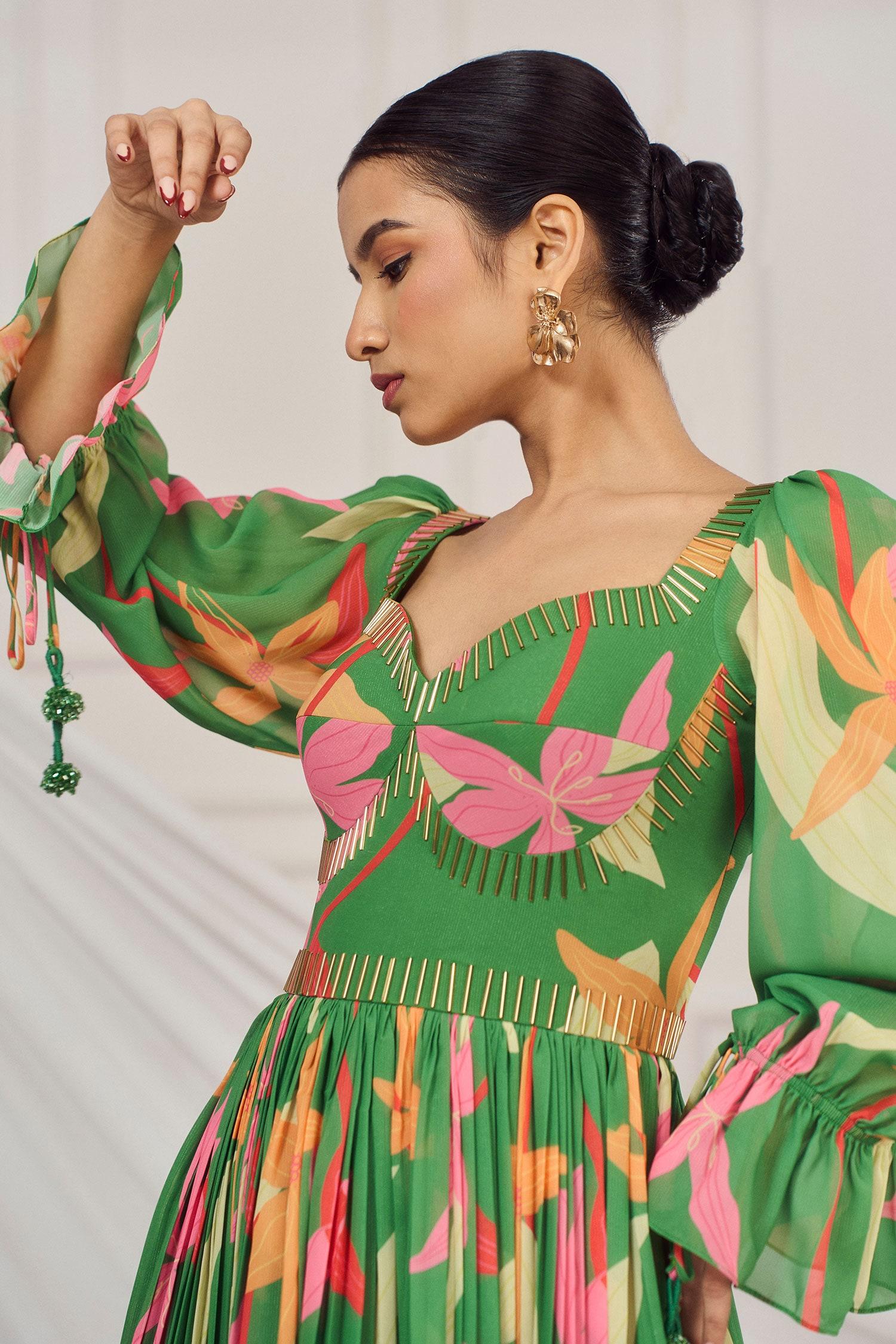 Green Georgette, Crepe, Cotton Sequins, Cut Floral Print Cutdana Anarkali Set - Designer Kurta Set