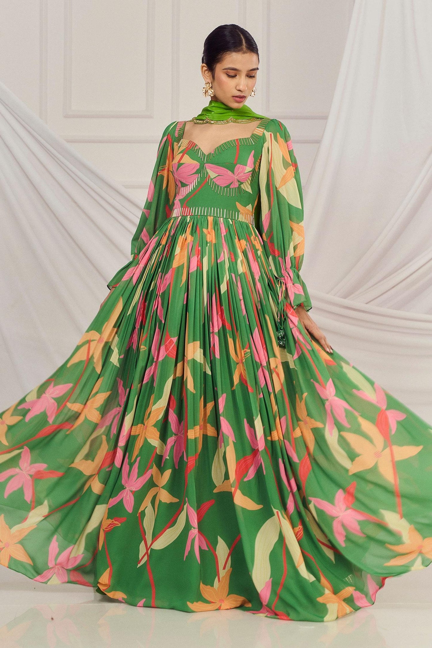Green Georgette, Crepe, Cotton Sequins, Cut Floral Print Cutdana Anarkali Set - Designer Kurta Set