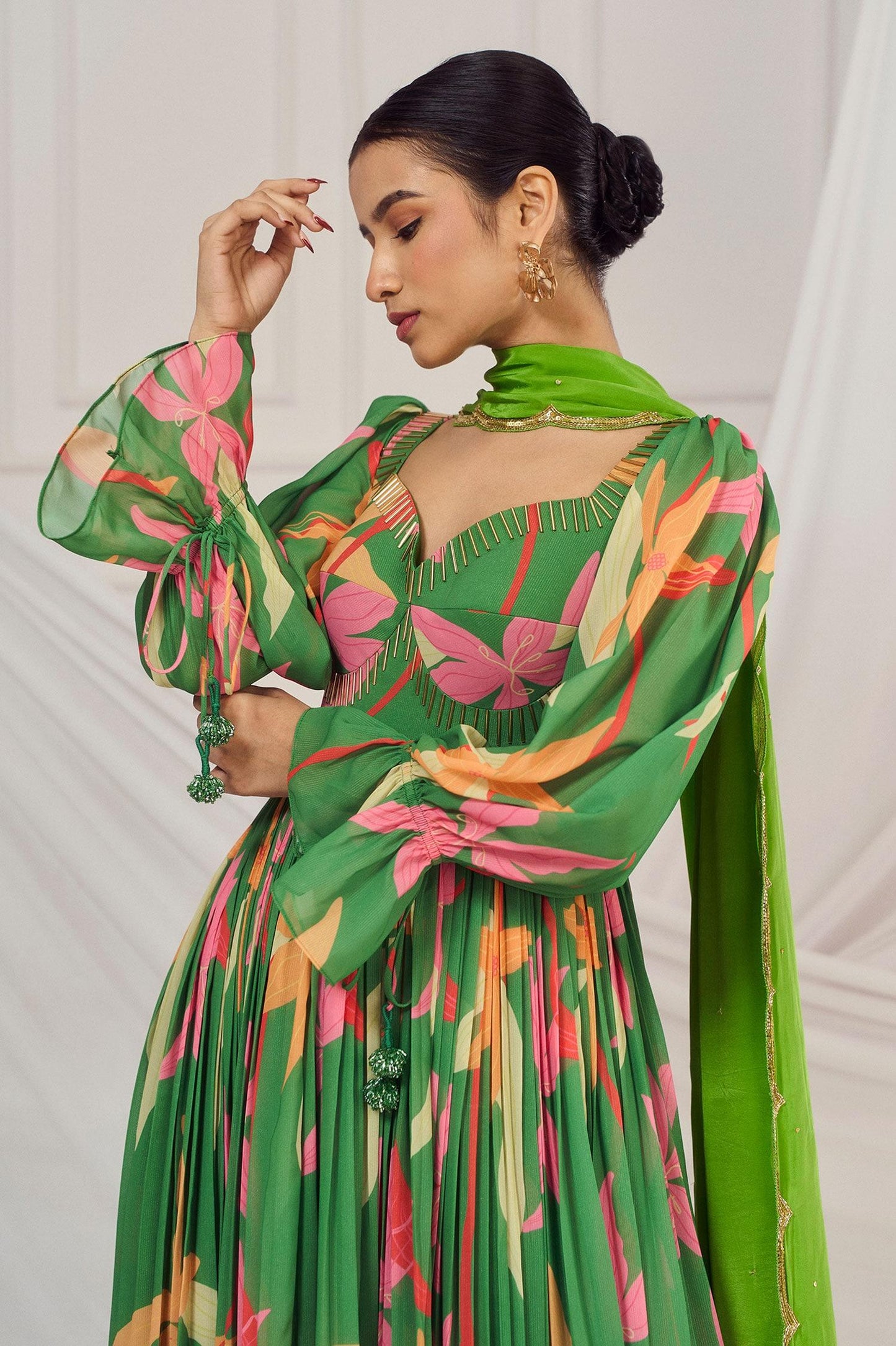Green Georgette, Crepe, Cotton Sequins, Cut Floral Print Cutdana Anarkali Set - Designer Kurta Set
