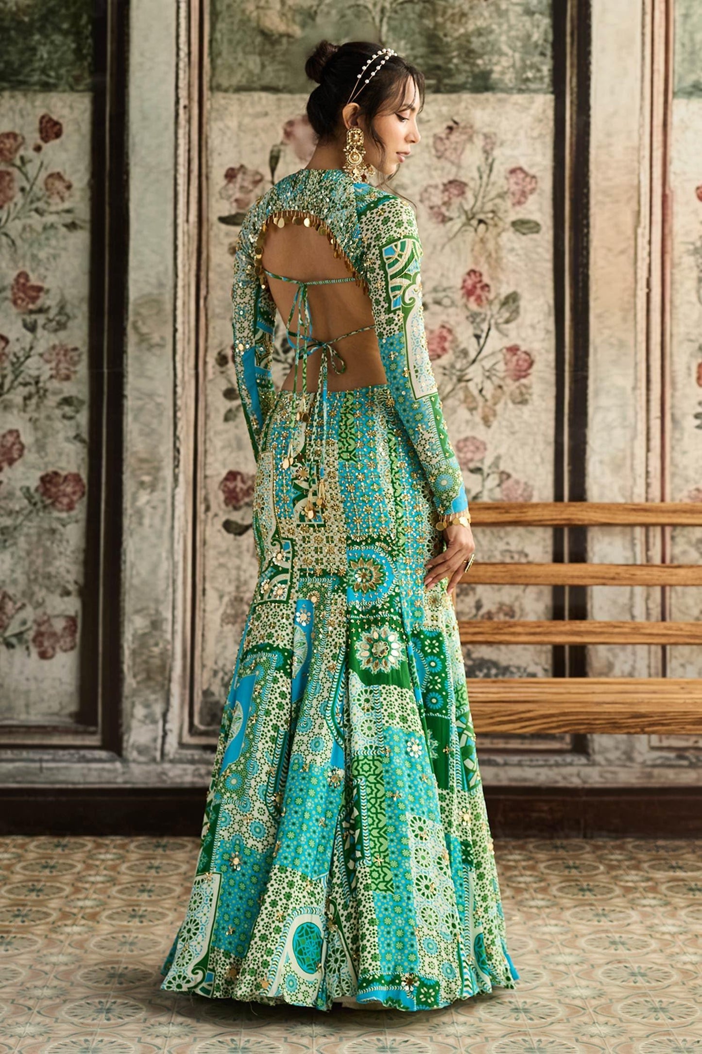 Green Georgette, Crepe Sequins, Embroidery Round Neck Printed Skirt Set - Designer Kurta Set