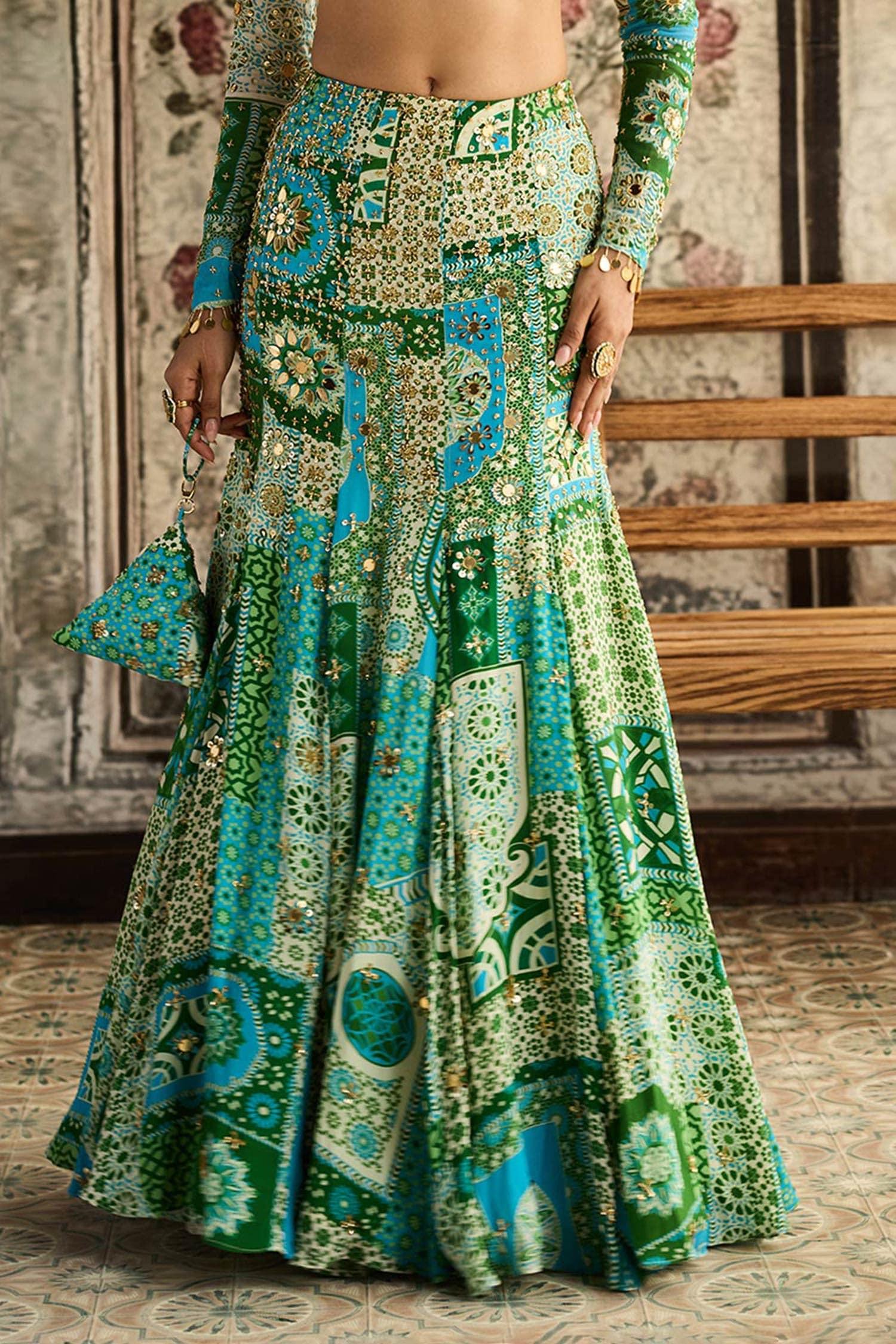 Green Georgette, Crepe Sequins, Embroidery Round Neck Printed Skirt Set - Designer Kurta Set