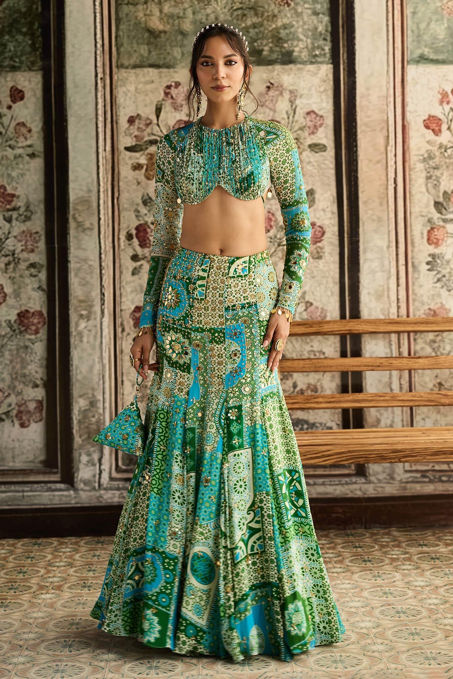 Green Georgette, Crepe Sequins, Embroidery Round Neck Printed Skirt Set - Designer Kurta Set