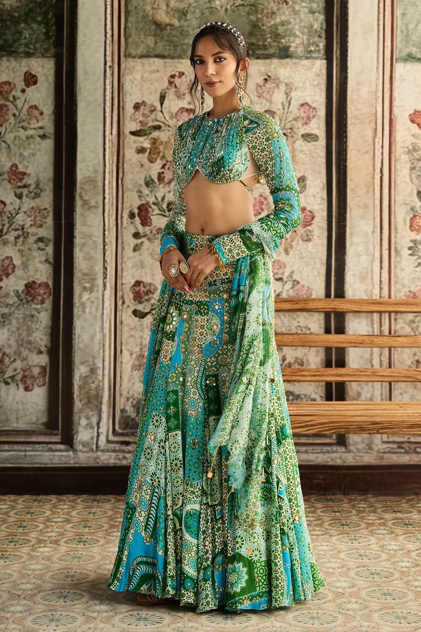 Green Georgette, Crepe Sequins, Embroidery Round Neck Printed Skirt Set - Designer Kurta Set
