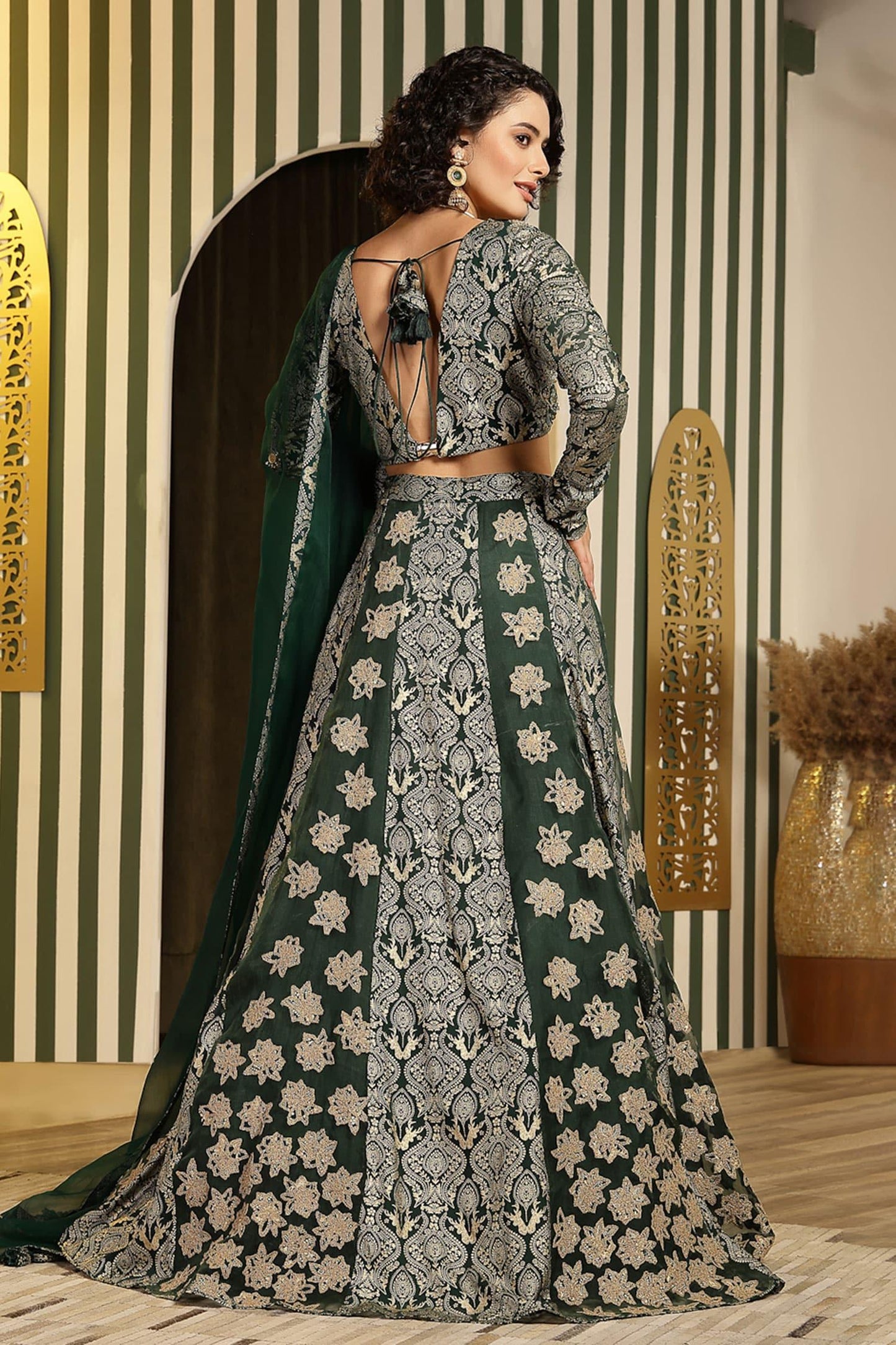 Green Georgette, Organza Gota Patti, Mughal Floral Embellished Lehenga Set - Designer Kurta Set