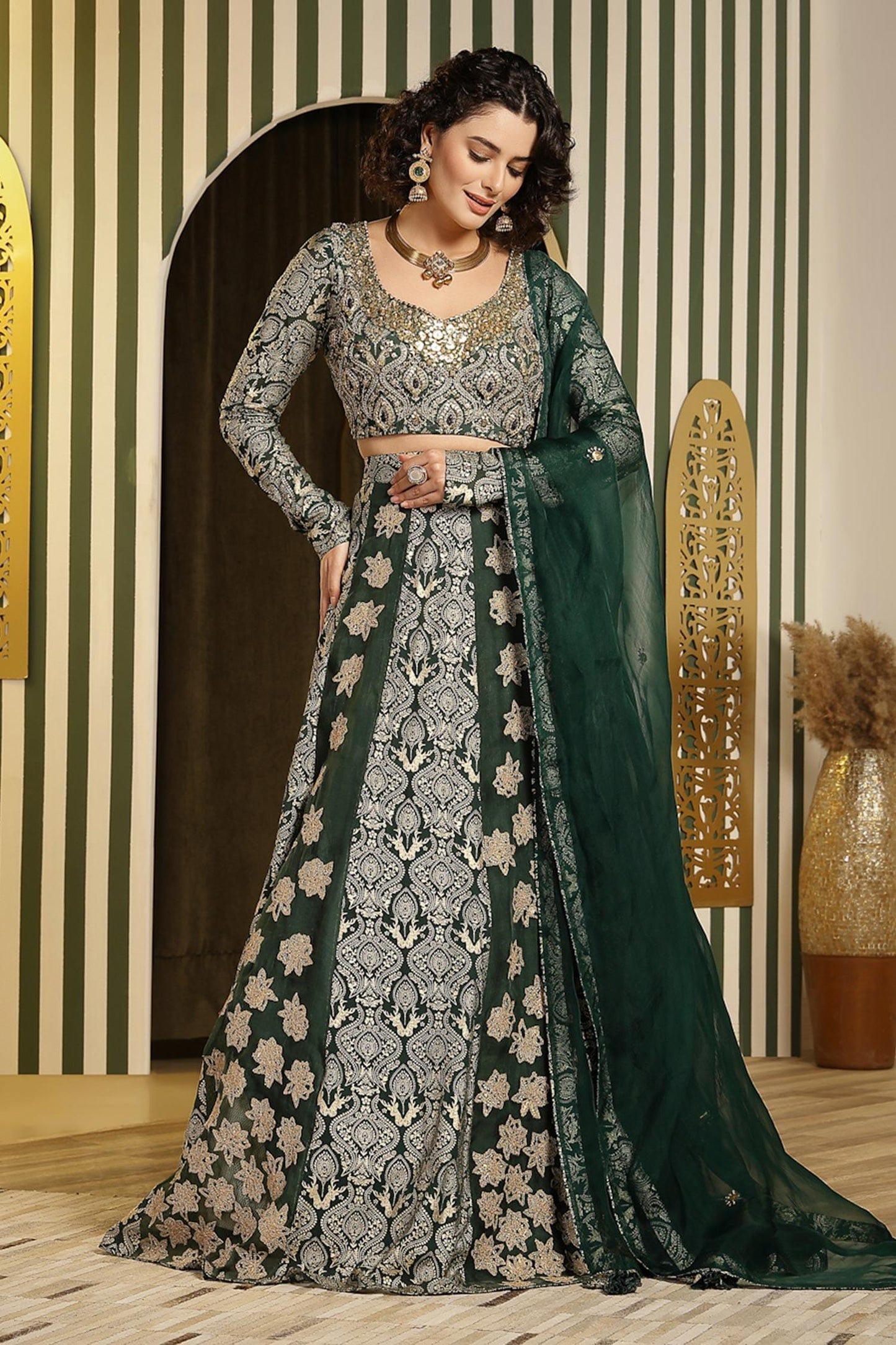 Green Georgette, Organza Gota Patti, Mughal Floral Embellished Lehenga Set - Designer Kurta Set