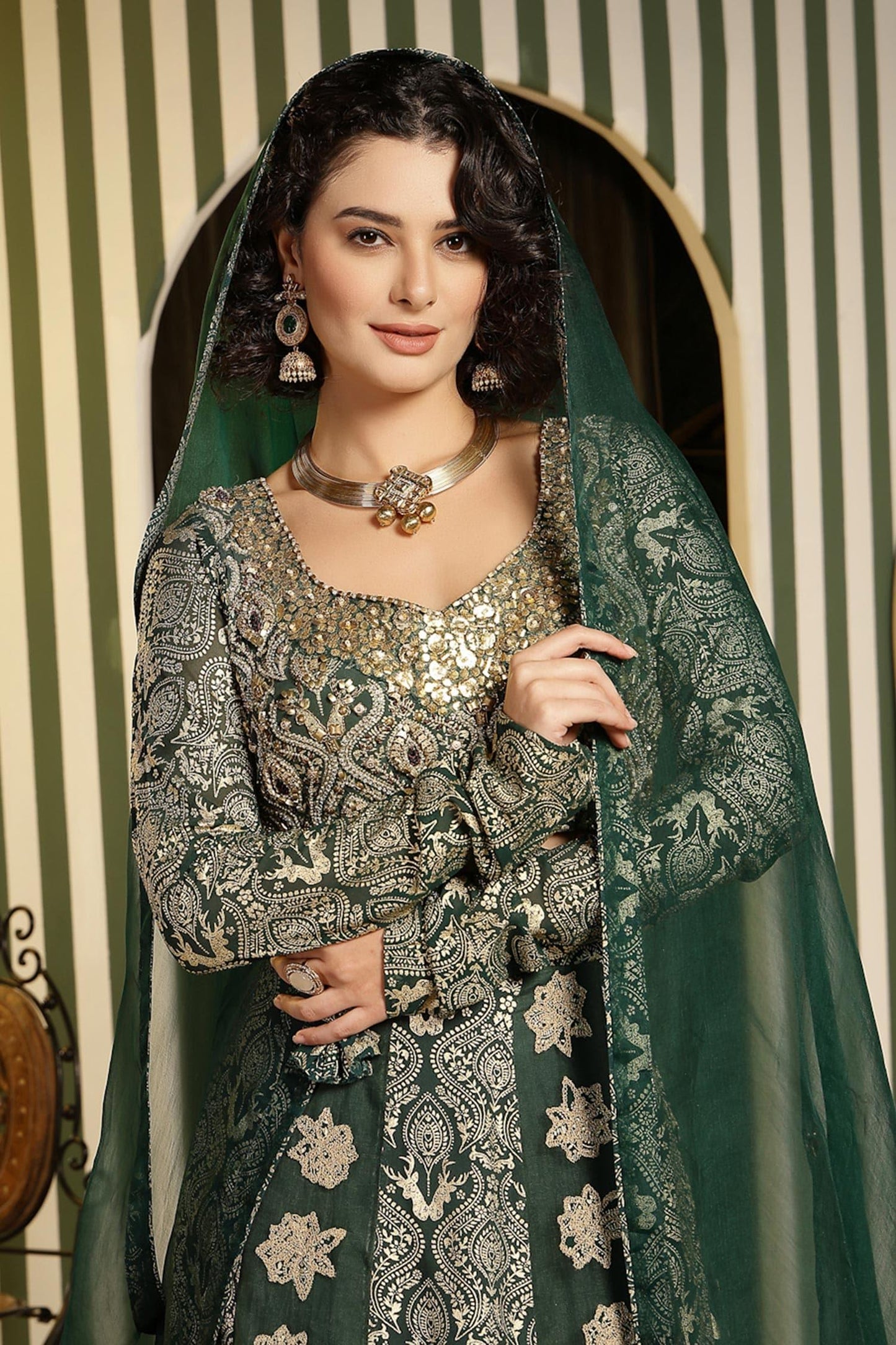 Green Georgette, Organza Gota Patti, Mughal Floral Embellished Lehenga Set - Designer Kurta Set