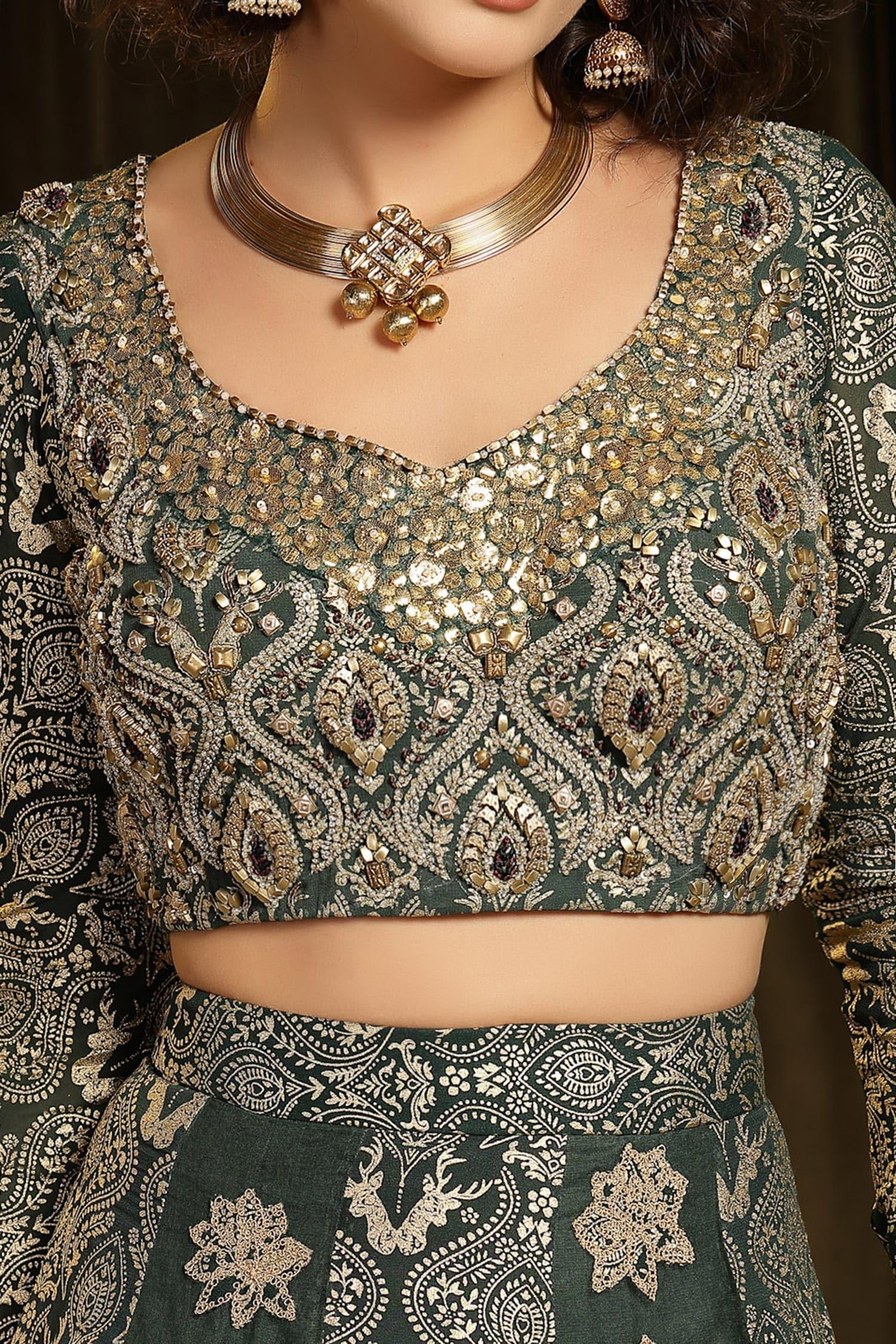 Green Georgette, Organza Gota Patti, Mughal Floral Embellished Lehenga Set - Designer Kurta Set