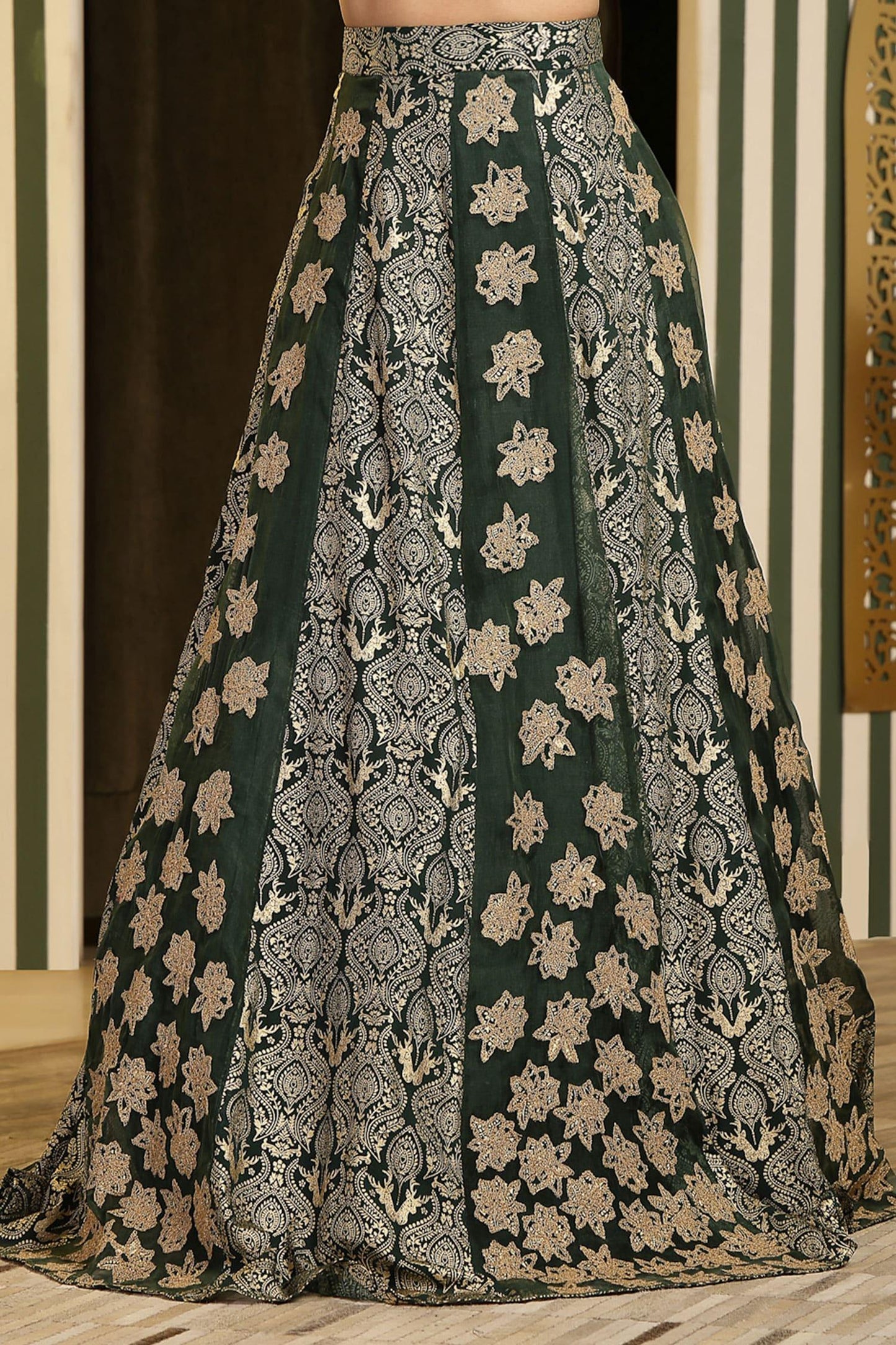 Green Georgette, Organza Gota Patti, Mughal Floral Embellished Lehenga Set - Designer Kurta Set