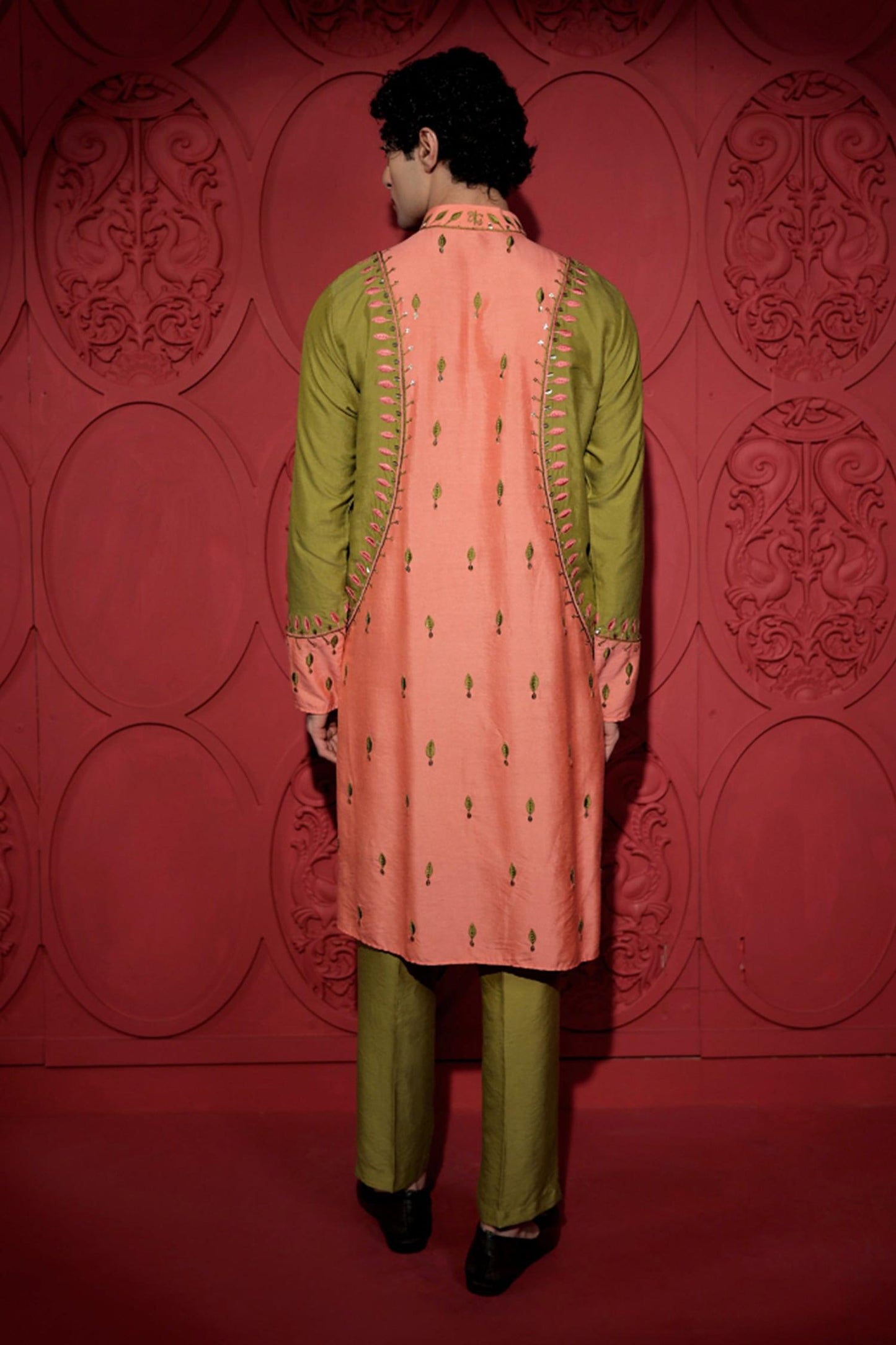 Kurta With Pant Green Kota Doria Silk Sequins Embroidery Resham Color Block