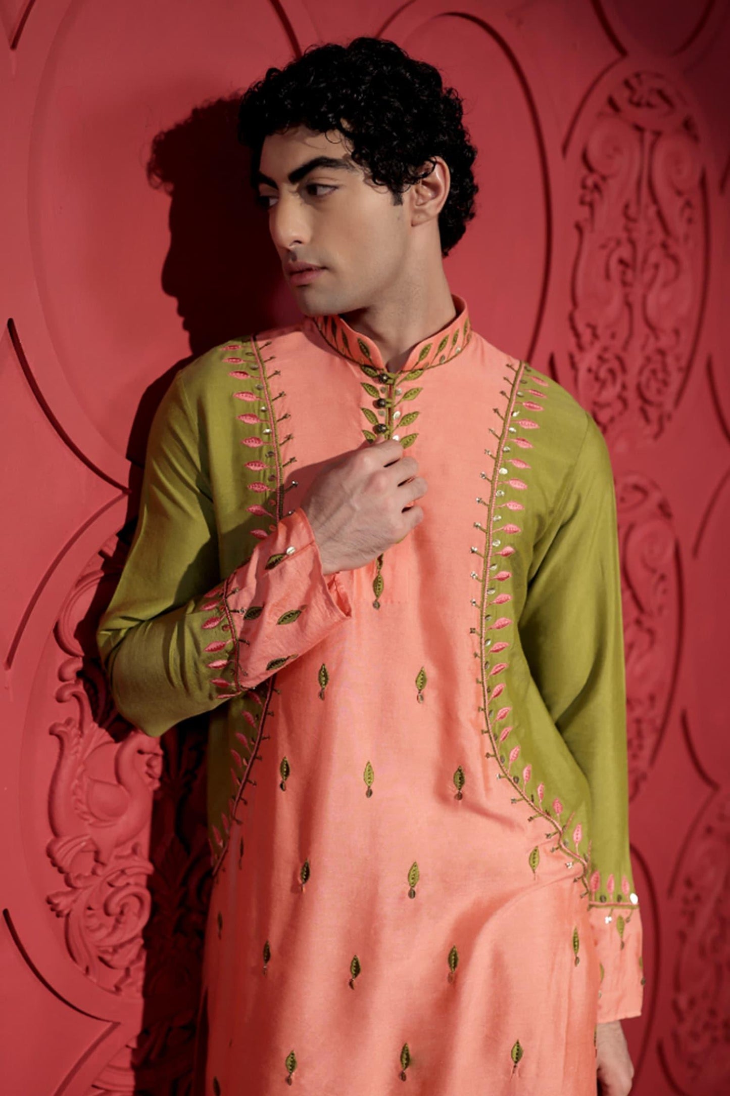 Kurta With Pant Green Kota Doria Silk Sequins Embroidery Resham Color Block