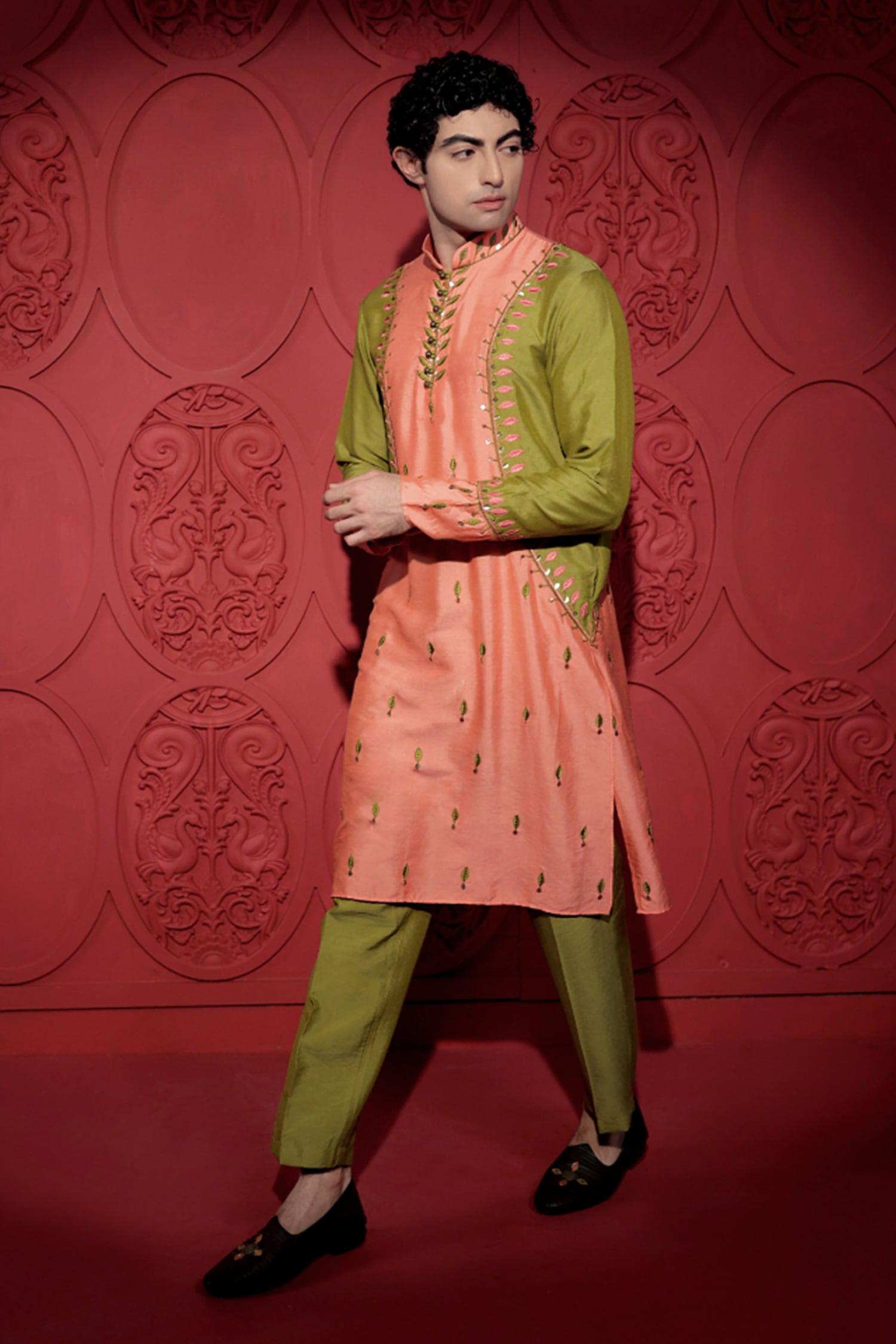 Kurta With Pant Green Kota Doria Silk Sequins Embroidery Resham Color Block
