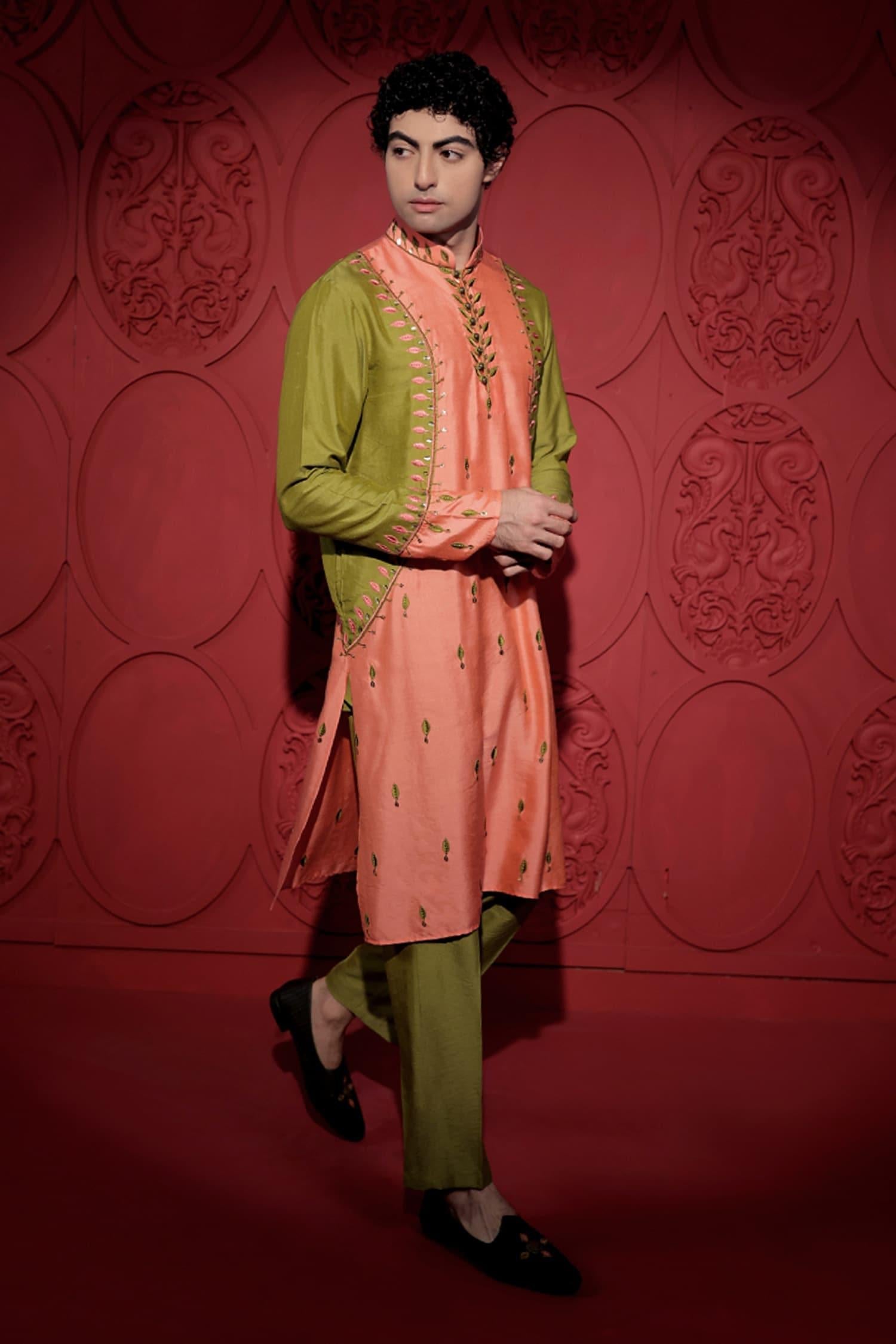 Kurta With Pant Green Kota Doria Silk Sequins Embroidery Resham Color Block