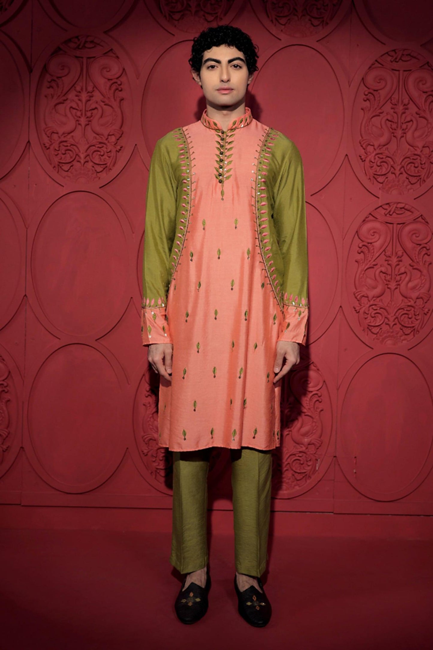 Kurta With Pant Green Kota Doria Silk Sequins Embroidery Resham Color Block