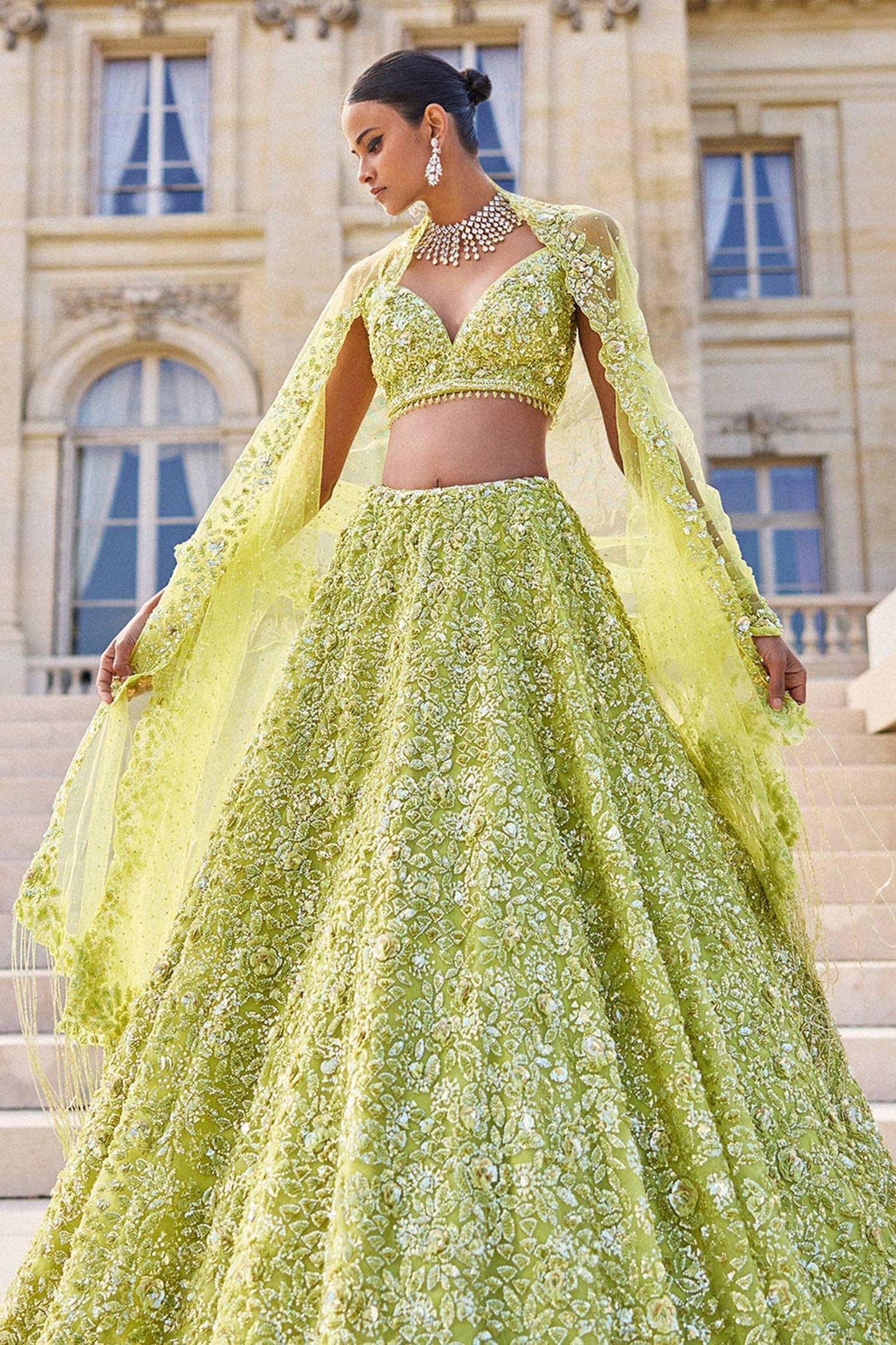 Green Net Sequins, Beads, Crystals Tonal Embroidered Bridal Lehenga Set - Designer Kurta Set