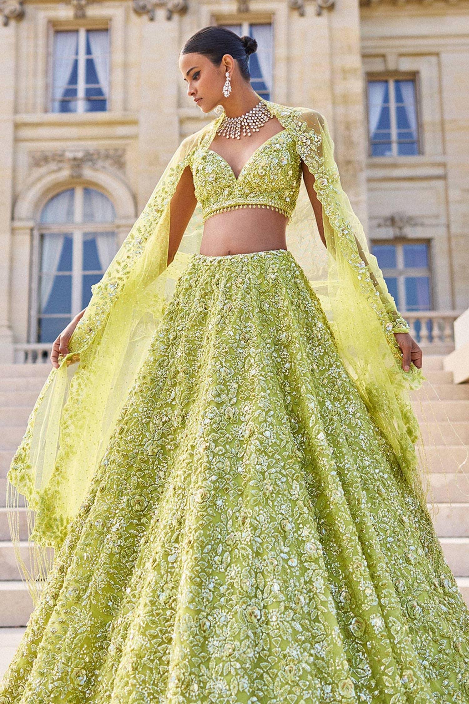 Green Net Sequins, Beads, Crystals Tonal Embroidered Bridal Lehenga Set - Designer Kurta Set