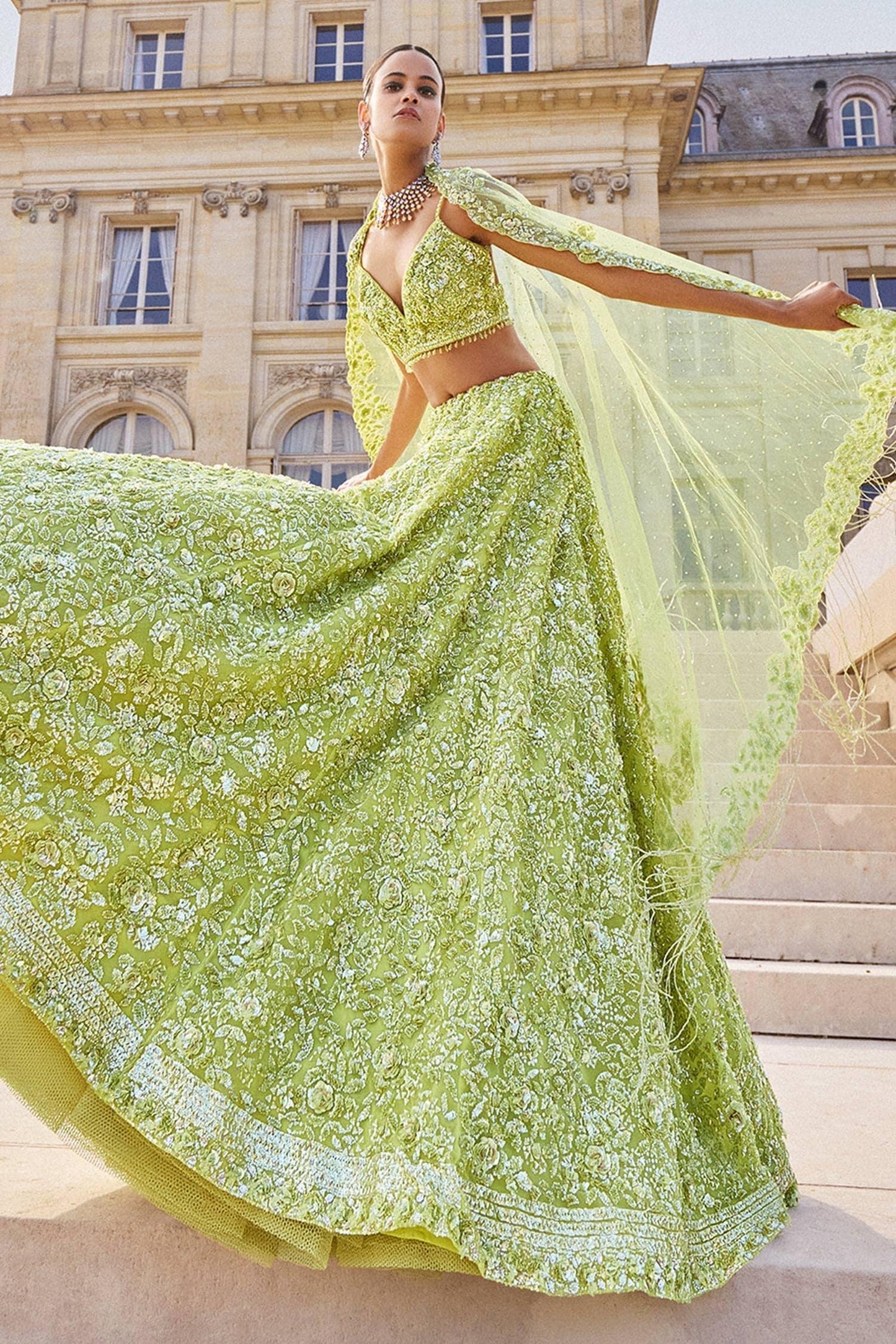 Green Net Sequins, Beads, Crystals Tonal Embroidered Bridal Lehenga Set - Designer Kurta Set