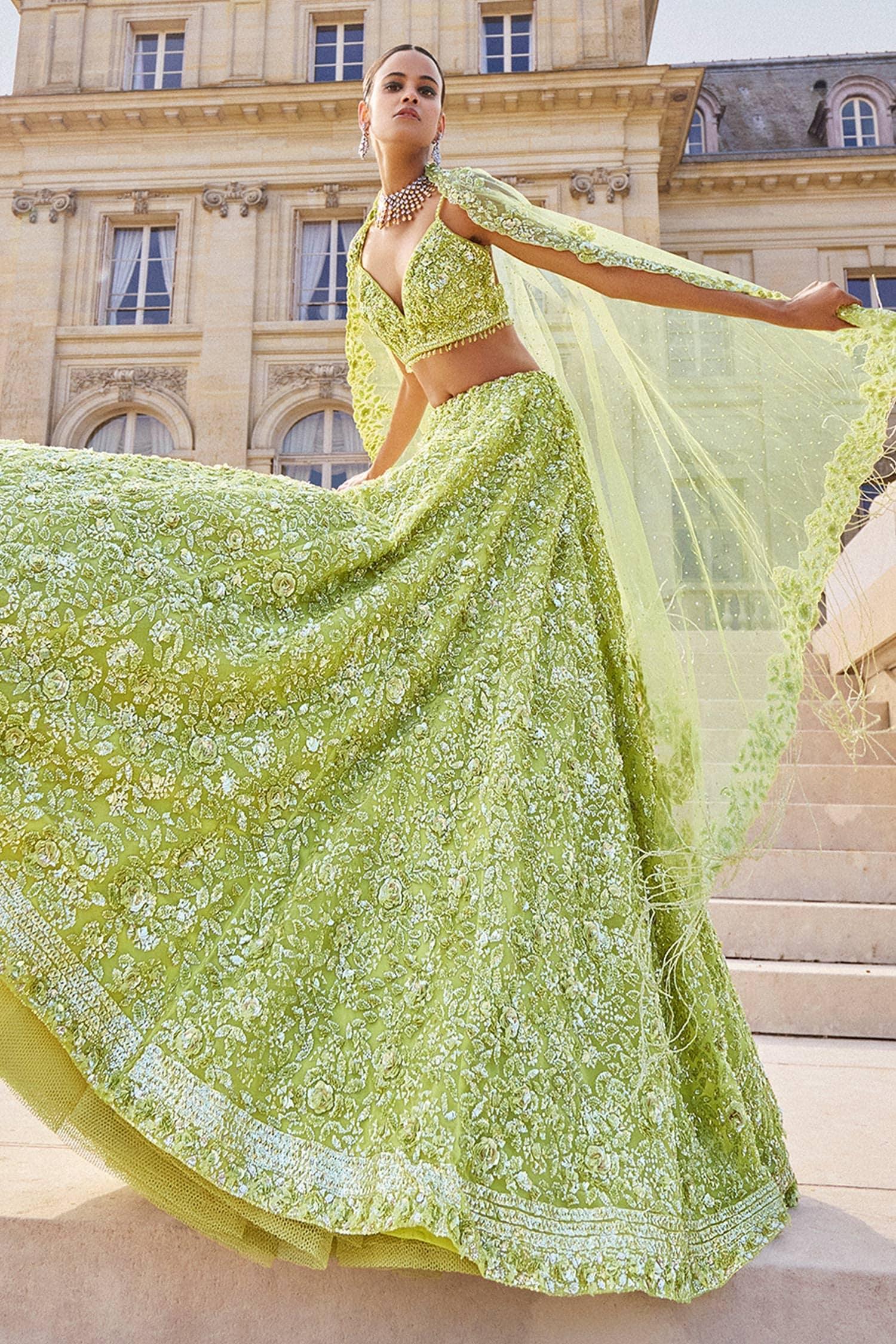 Green Net Sequins, Beads, Crystals Tonal Embroidered Bridal Lehenga Set - Designer Kurta Set