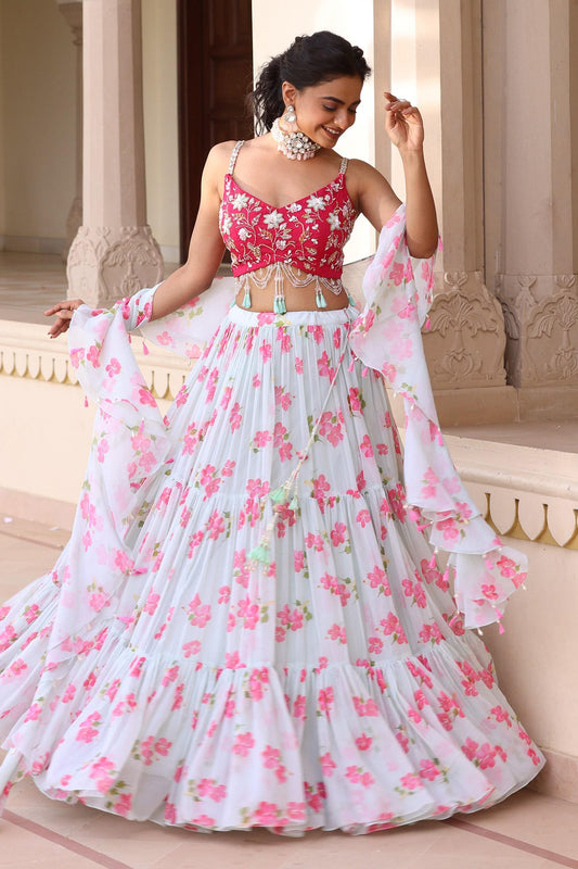 Green Organza, Chiffon Embroidery, Sequins, Floral Print Tiered Lehenga Set - Designer Kurta Set