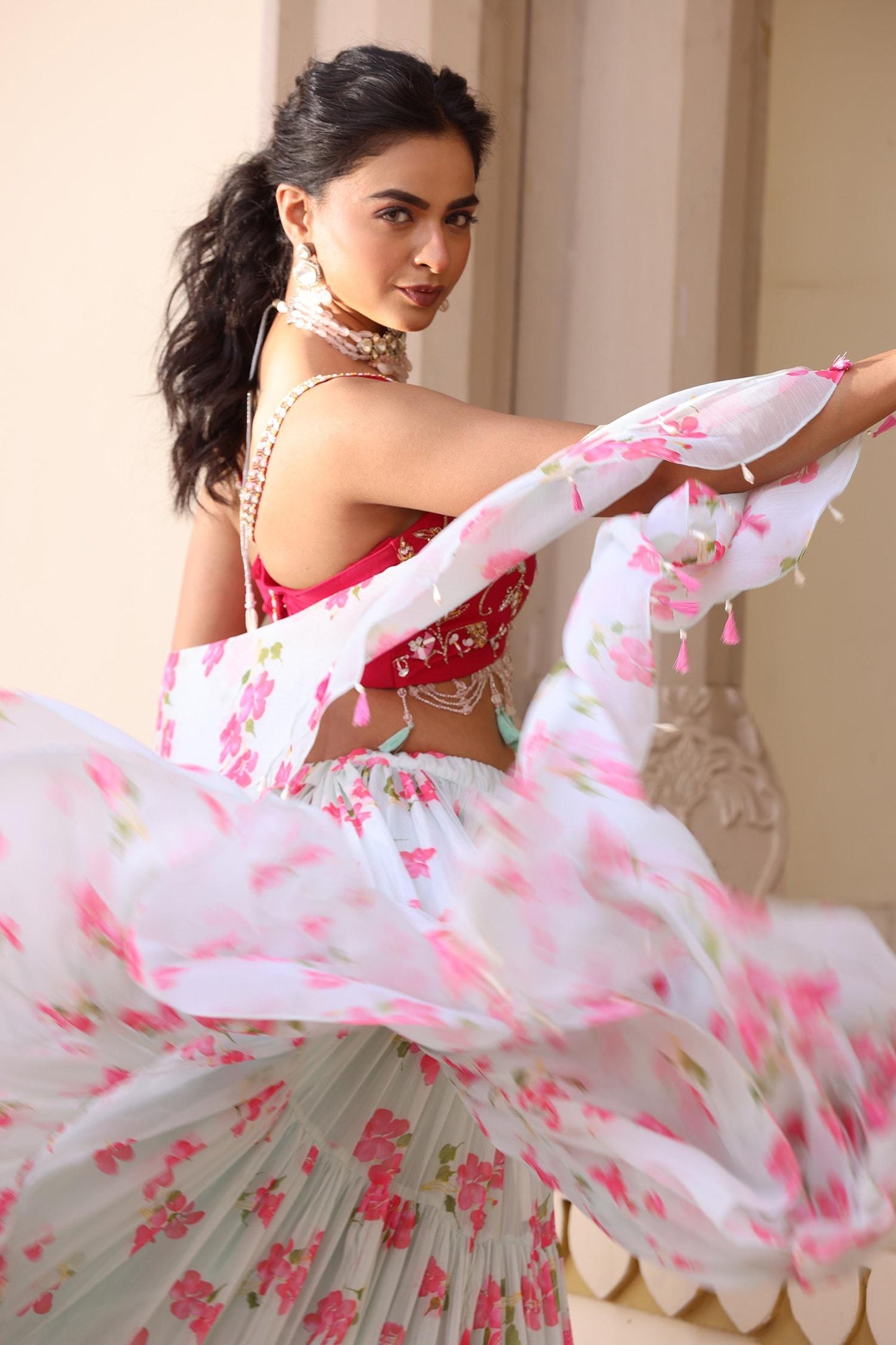 Green Organza, Chiffon Embroidery, Sequins, Floral Print Tiered Lehenga Set - Designer Kurta Set