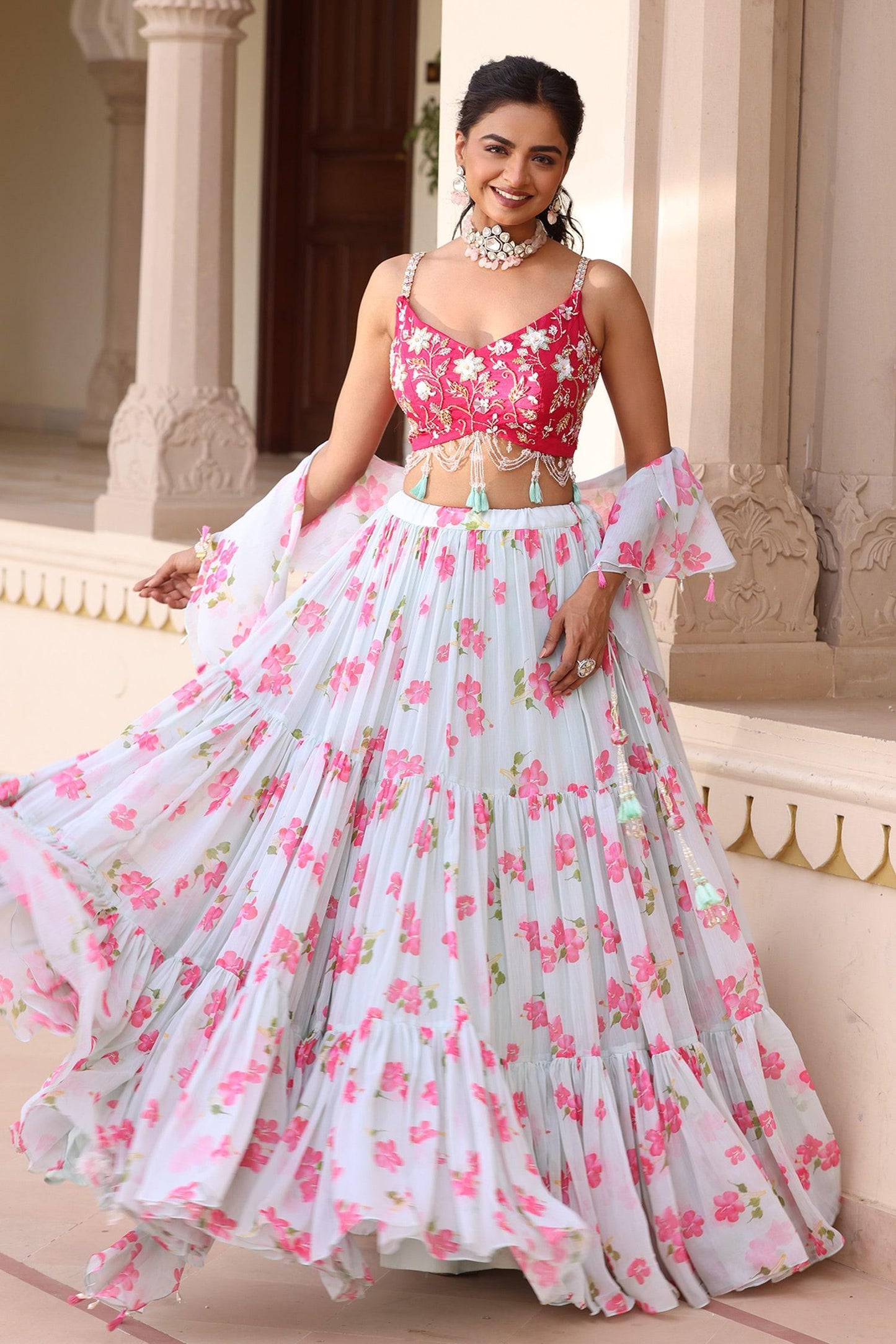 Green Organza, Chiffon Embroidery, Sequins, Floral Print Tiered Lehenga Set - Designer Kurta Set