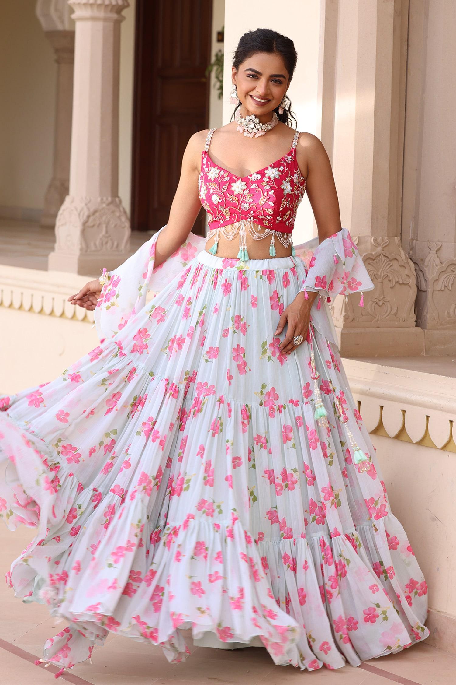 Green Organza, Chiffon Embroidery, Sequins, Floral Print Tiered Lehenga Set - Designer Kurta Set
